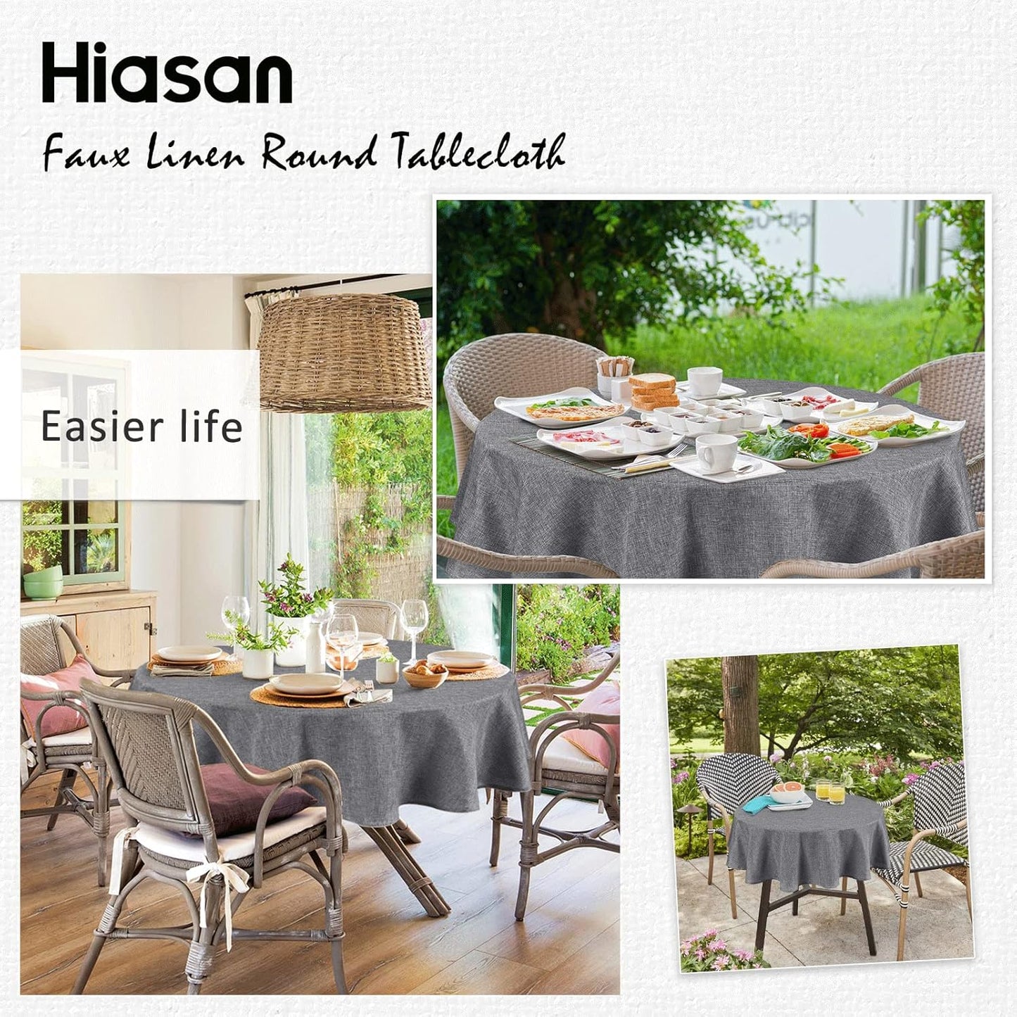 Hiasan Round Linen Tablecloth 50 Inch - Wrinkle and Stain Resistant Washable Polyester Fabric Table Cloth for Dining Room Kitchen Party, Grey