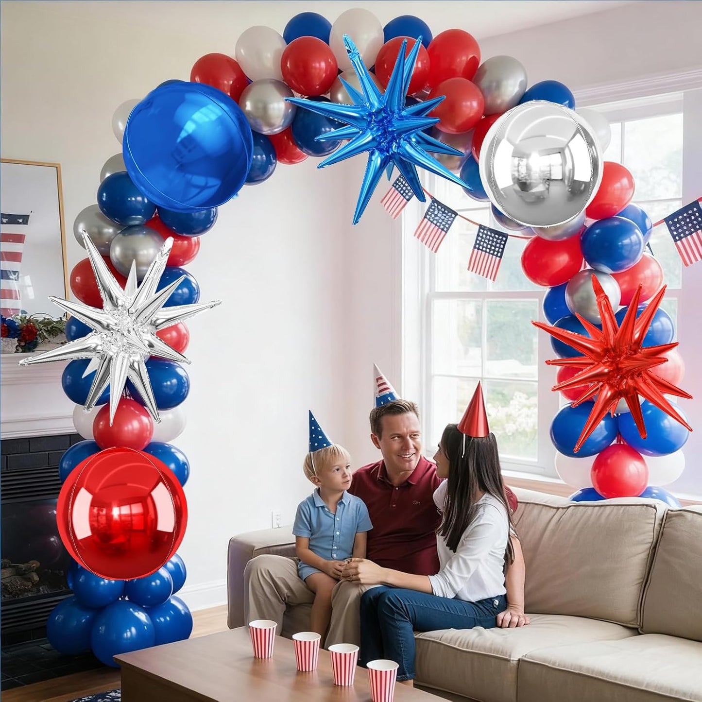 6Pcs Red Blue Silver Foil Balloons,22Inch Blue Red Silver 4D Round Ball Balloon and Explosion Star Balloon for Birthday Wedding Baby Shower Anniversary 4th of July Party Decorations