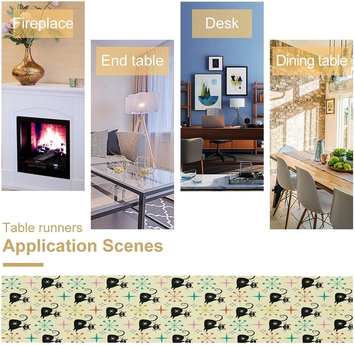 Mid Cat Table Runner, Vintage Black Cat and Atomic Stars 1950s 1960s Abstract Geometric Space Pattern Table Decoration for Home Kitchen Restaurant 13x70 Inches