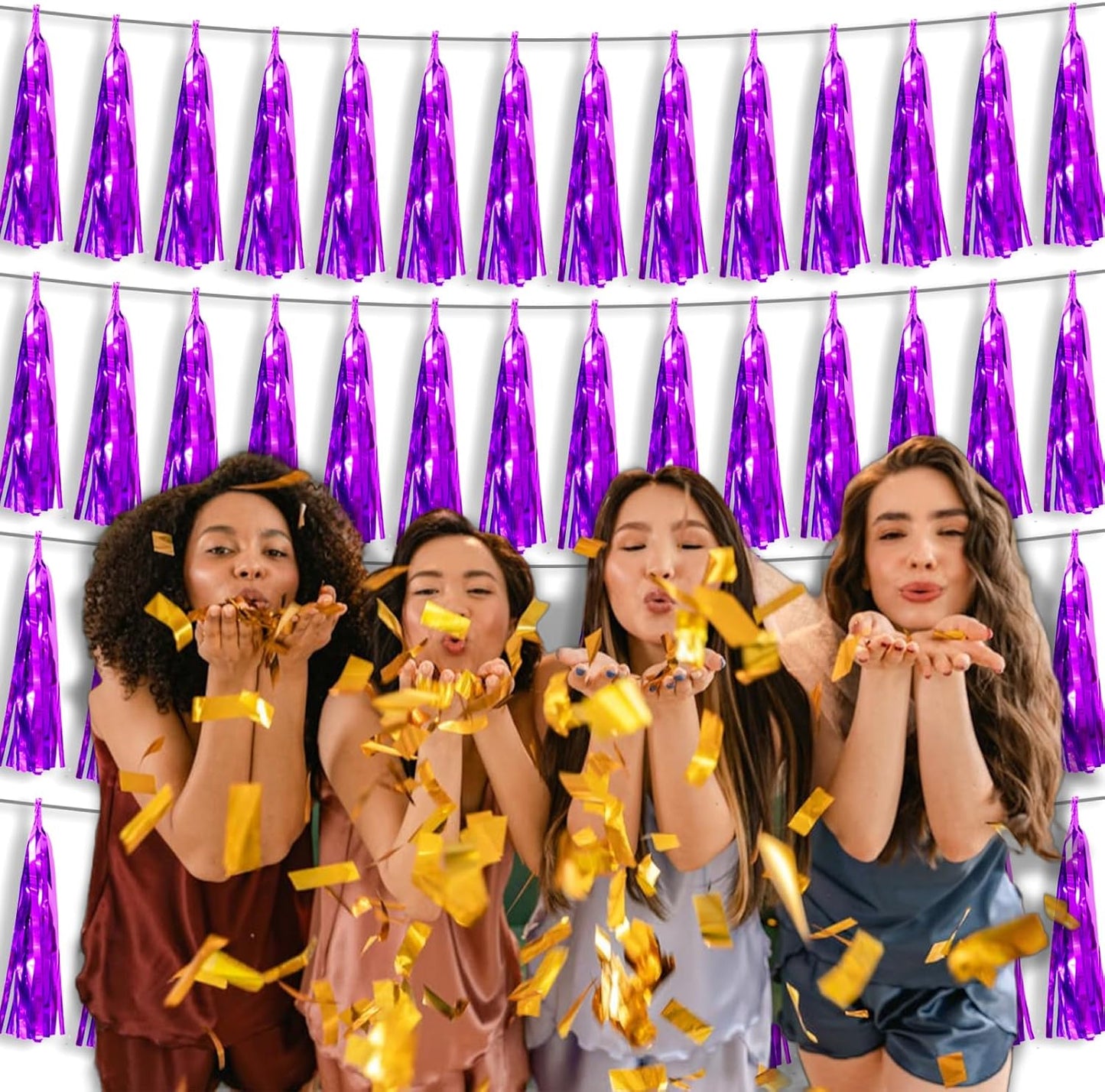 4P Purple Foil Fringe Tassel Banner Garland Metallic Tinsel Streamers Wall Hanging Curtain Backdrop Banner for Parade Floats, 2024 Graduation Decorations, Father's Day Party Decoration