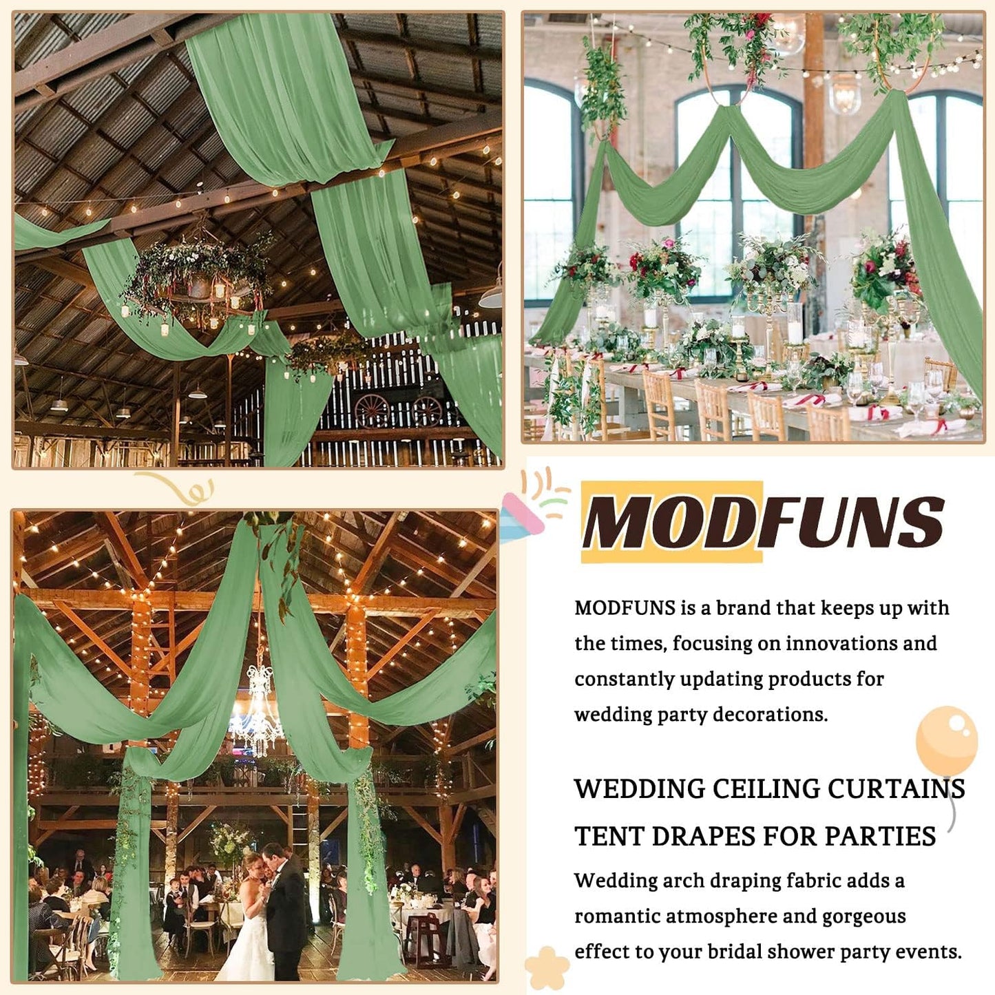 Ceiling Drapes Wedding Arch Drapes Chiffon Arch Draping 2 Panels 5x20 FT Sage Green Ceiling Decorations Sheer Backdrop Curtain for Parties Tulle Fabric Arbor Drapery Swag Ceiling Curtains for Events