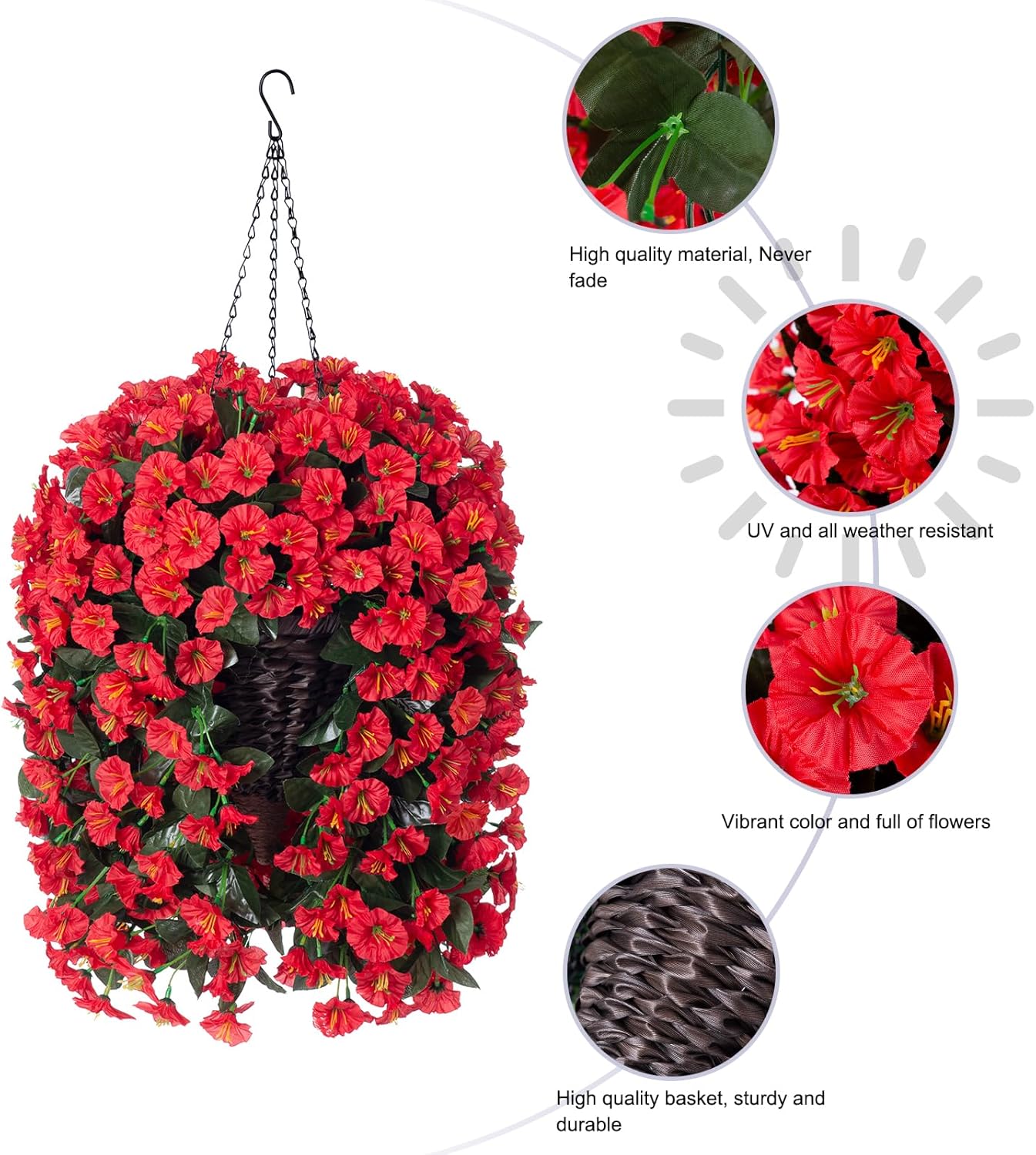 Artificial Fake Red Hanging Flowers Plants Baskets for Outdoor Winter Christmas, Faux Silk UV Resistant Look Real Morning Glory Vines for Outside Porch Patio Balcony Garden Yard Home Decor