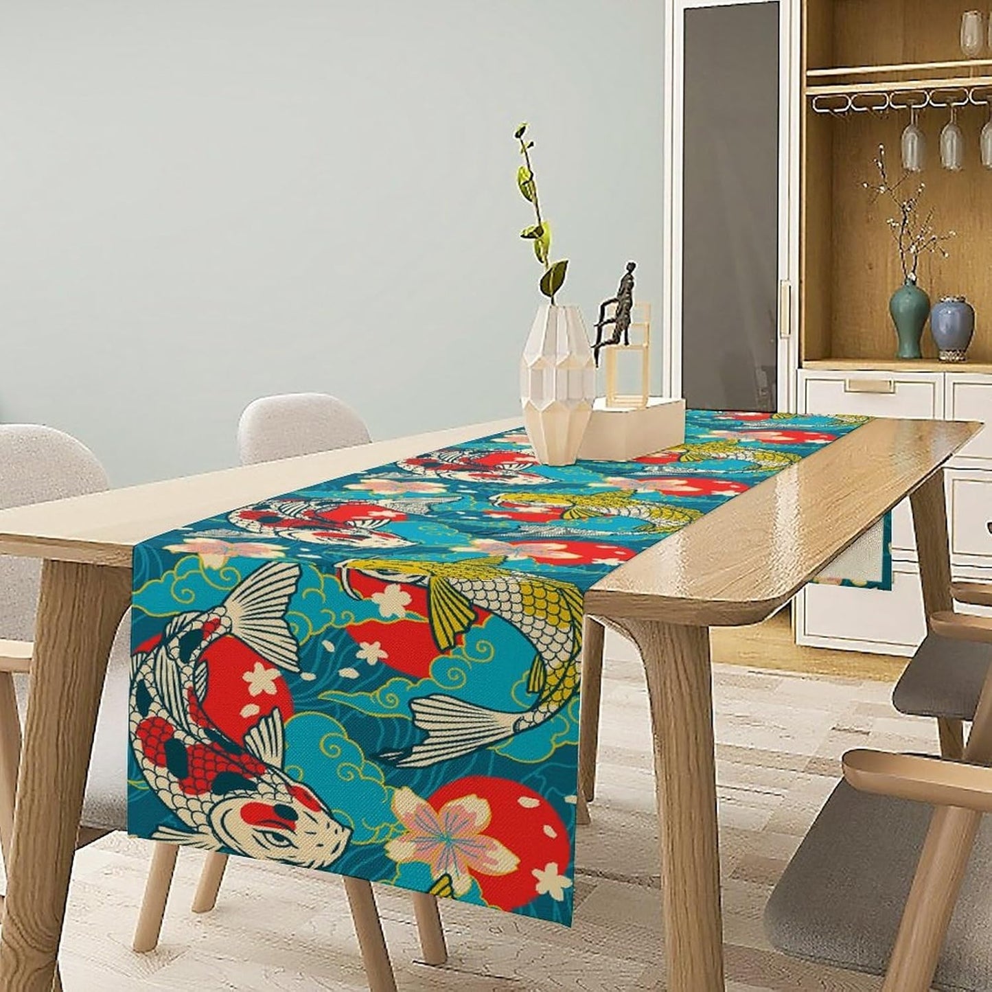 Japanese Kio Fish Table Runner Oriental Tradition Cherry Art Printed Burlap Runner Home Kitchen Dining Table Living Room Decor Fabric 1 Panel W13xL90in