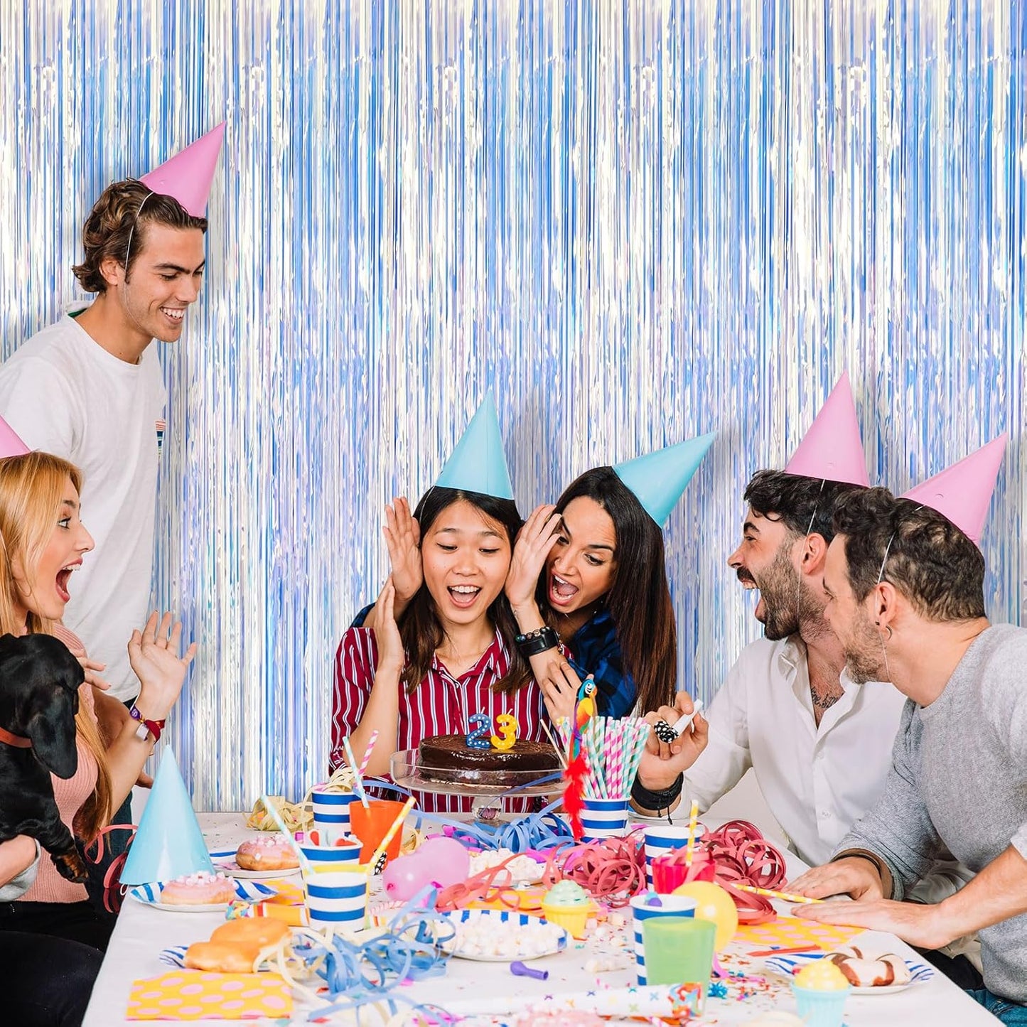 5 Pack Iridescent Neon Party Decorations Sparkly Tinsel Backdrop Foil Fringe Curtain Glitter Curtains for Birthday Party Ocean Theme Valentines Bachelorette Holiday Decorations