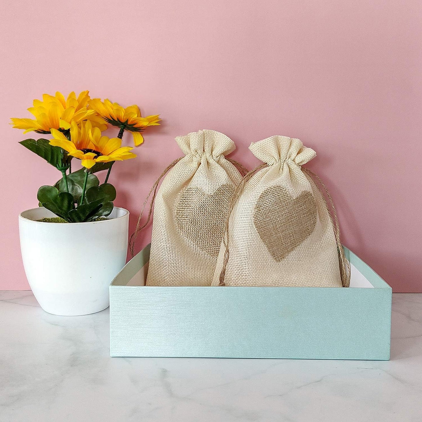SumDirect Heart Burlap Bags with Drawstring - 36Pcs 5x7Inch Beige Small Linen Gift Pouch for Wedding, Baby shower Favor Gift Bags