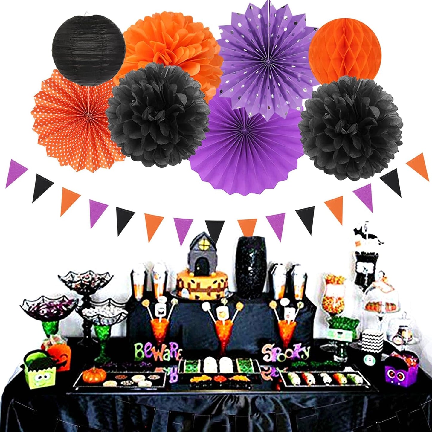 Black Orange Purple Halloween Party-Decorations - 20pcs Paper Lanterns Fans,Tissue Pom Poms,Honeycomb Balls, Birthday Baby Bridal Shower Graduation Wedding Hotel Transylvania Decor Burgleda