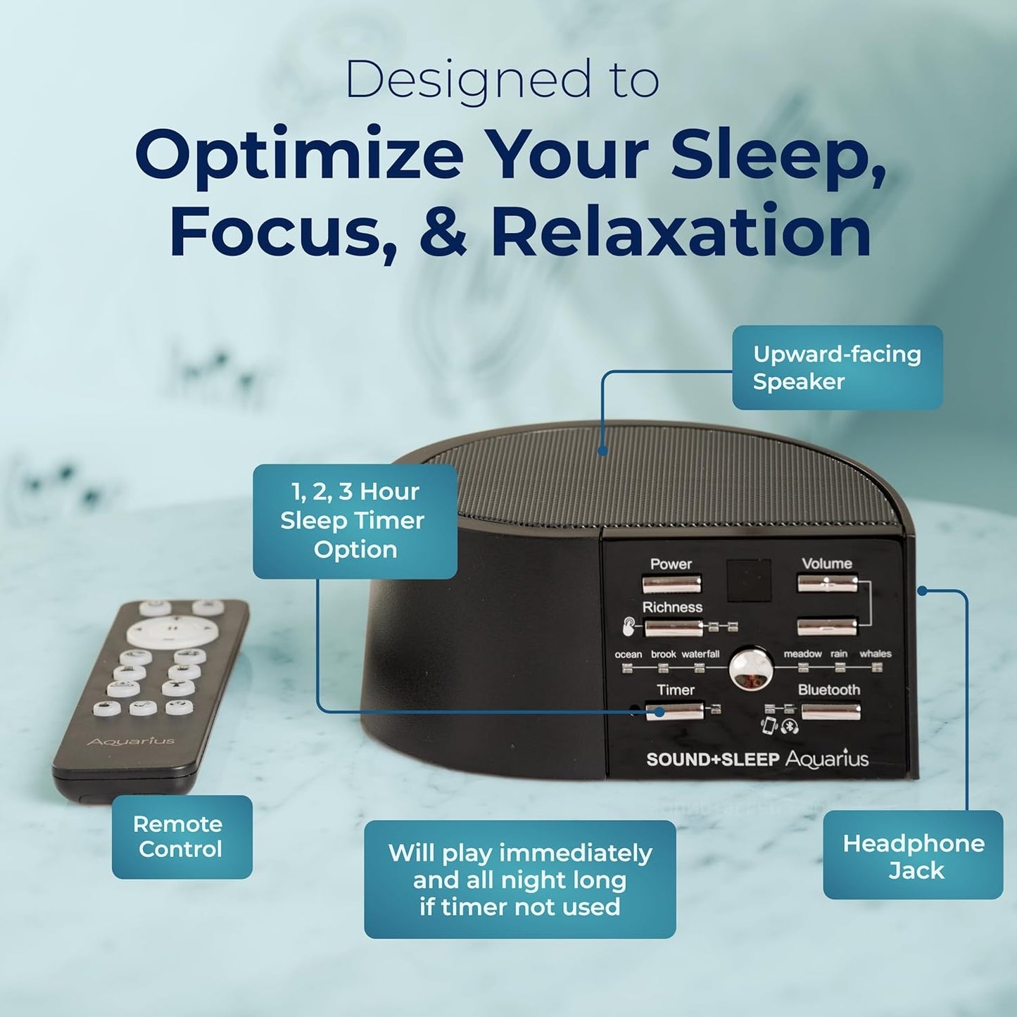 Adaptive Sound Technologies Sound + Sleep Aquarius Aquatic Noise Machine - White Noise Machine - Non-Looping Water Sounds for Sleep & Relaxation - with Timer & Headphone Jack - Black