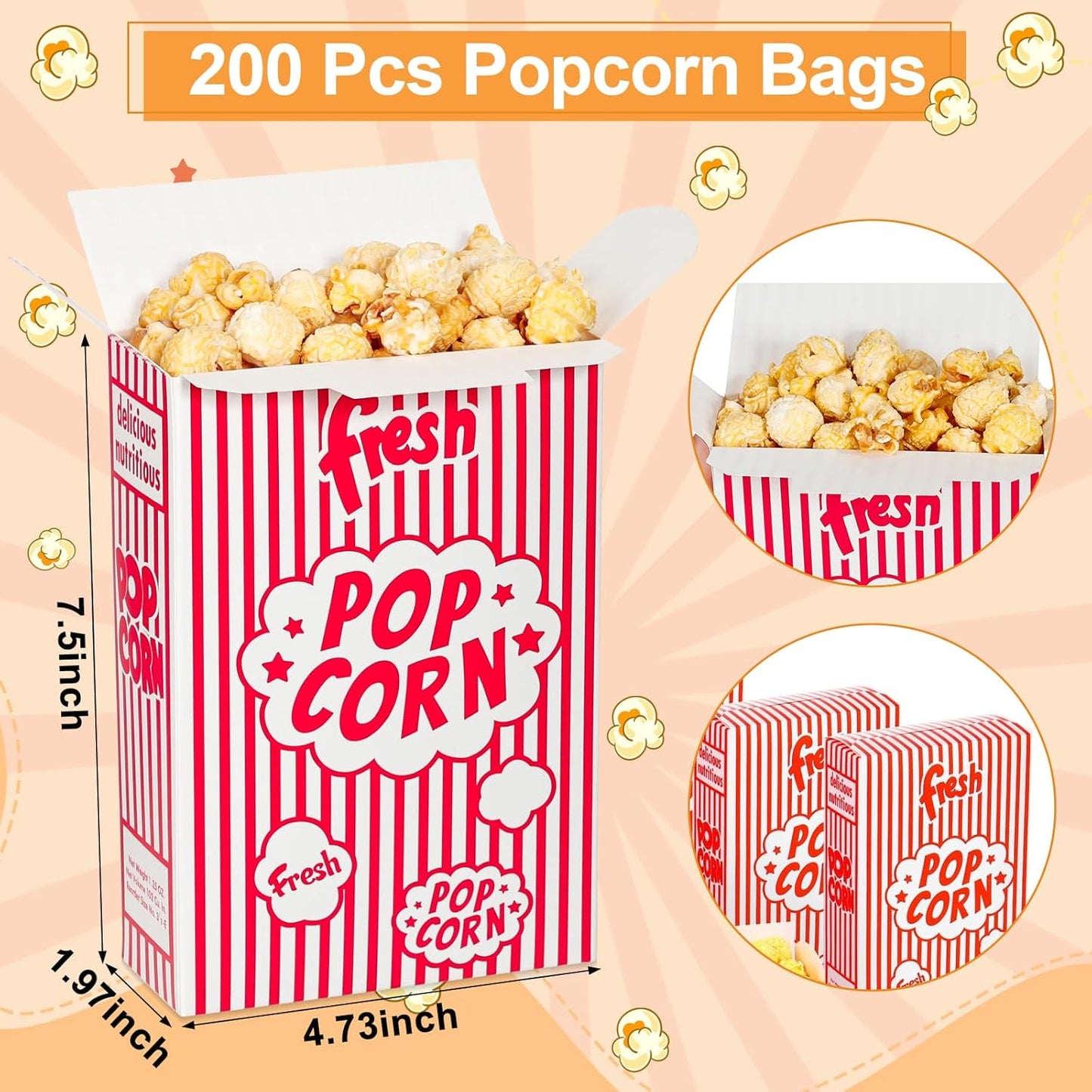 Dualshine 200 Pack Popcorn Boxes,1.25 oz Paper Popcorn Containers,Red and White Striped Close-Top Cardboard Pop Corners Bags Individual Servings for Theater Night Movie,Party,Christmas