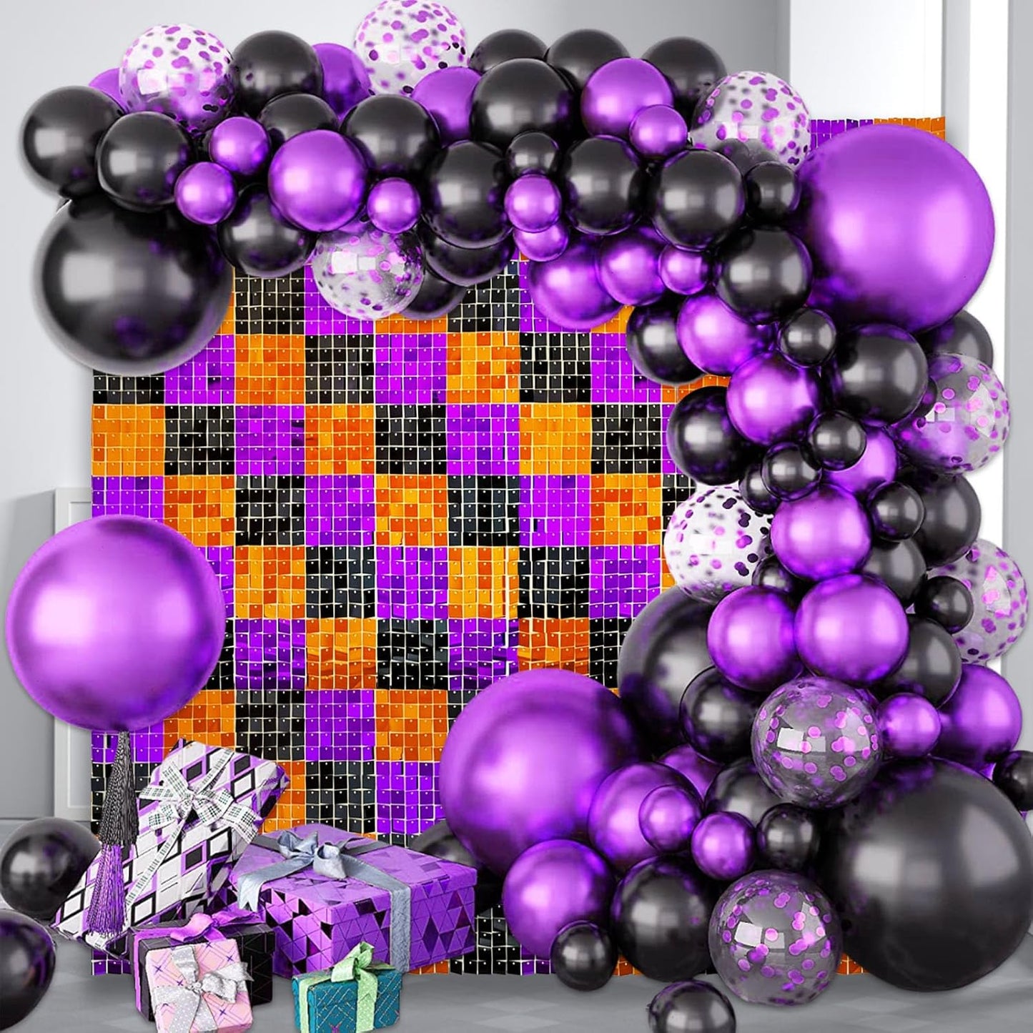 24PCS Black Orange Purple Shimmer Wall Backdrop, Halloween Square Sequin Photo Backdrops Panel, Glitter Wall Background for Birthdays, Weddings, Halloween Party Decor (4FTx6FT)