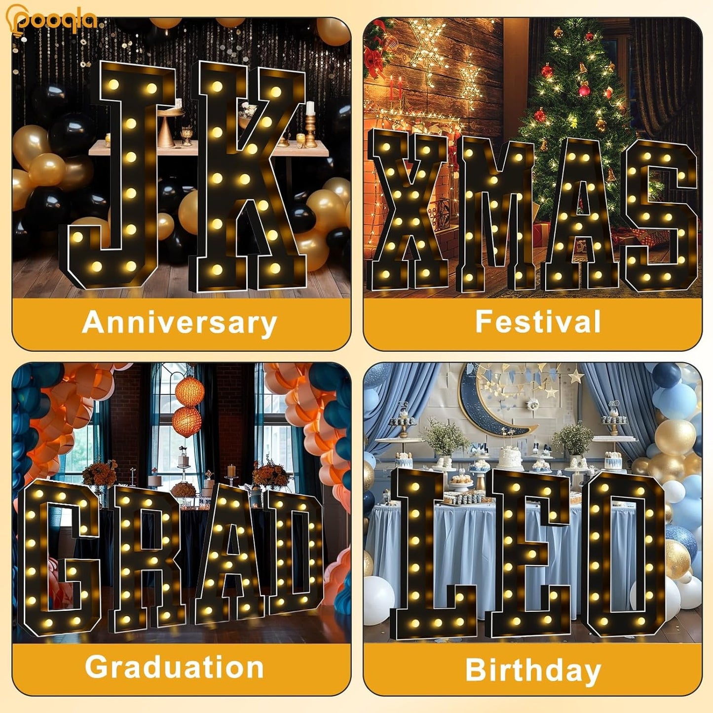 Pooqla 4 FT Marquee Light Up Letters, Black Marquee Letter Lights 4 Feet Tall for Birthday Decoration, Big Mosaic Letters Sign for Balloons Party Anniversary Wedding Decorations, Giant Warm White &