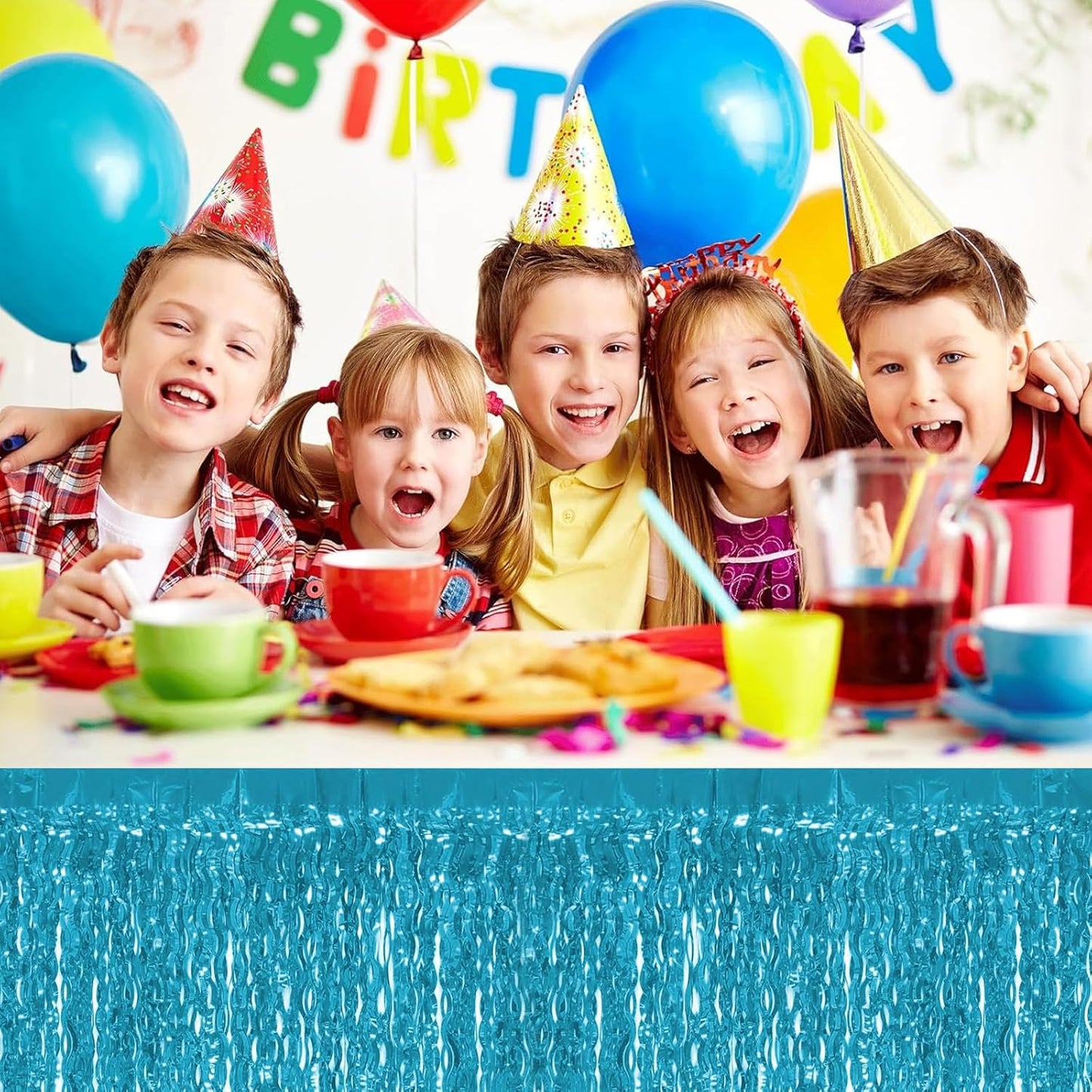 4P Wavy Metallic Tinsel Foil Fringe Table Skirts for Rectangle Tables Backdrop Garland Curtains for Parade Floats Wedding Birthday Parties Decoration Graduation 2025 Christmas (Lake Blue)