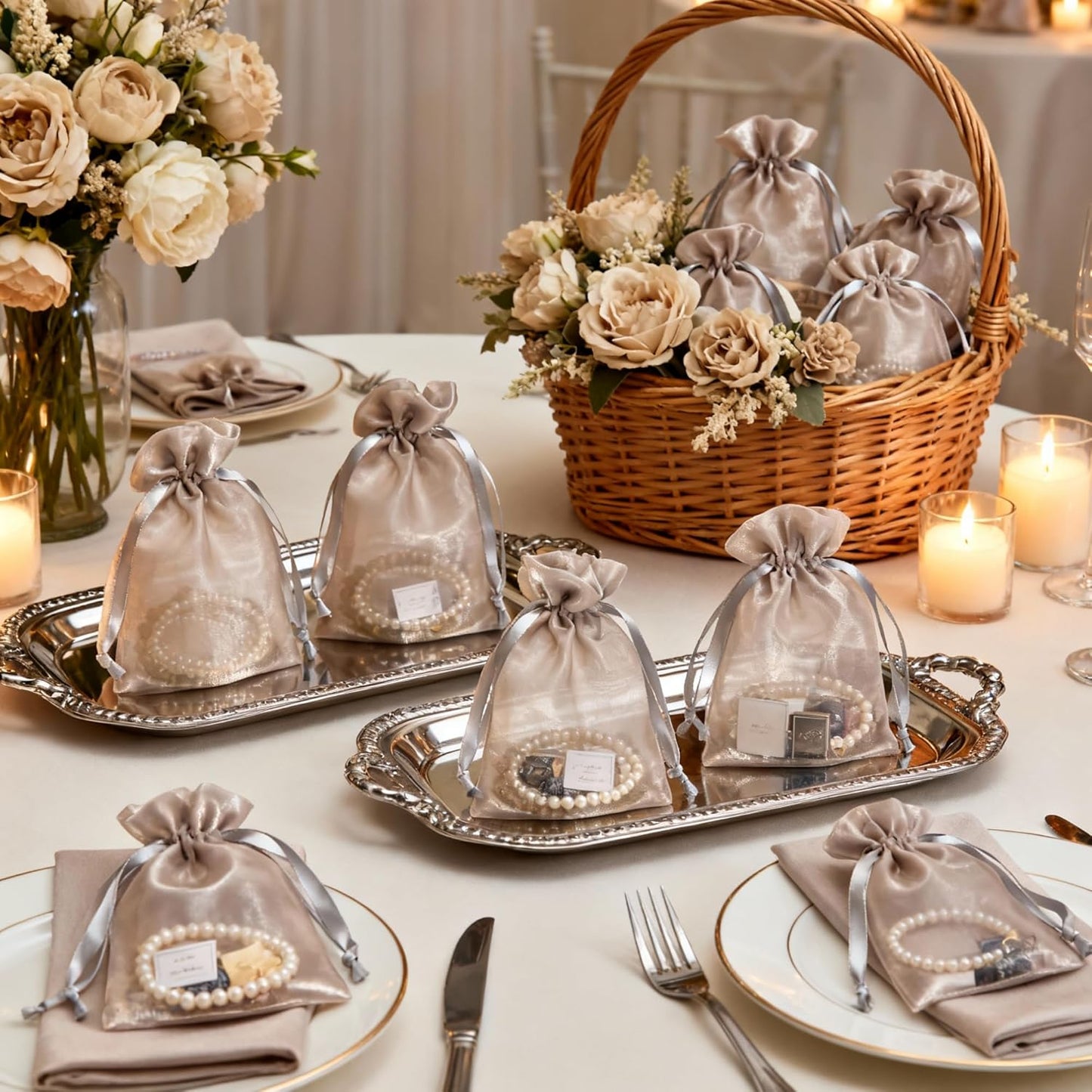 QIANF 20 Pcs Champagne Small Organza Bags 4X6 inch for Wedding Favors with Drawstring, Mini Mesh Gift Bags Jewelry Pouch for Candy Bridal Shower Party Favor Baby Shower Christmas