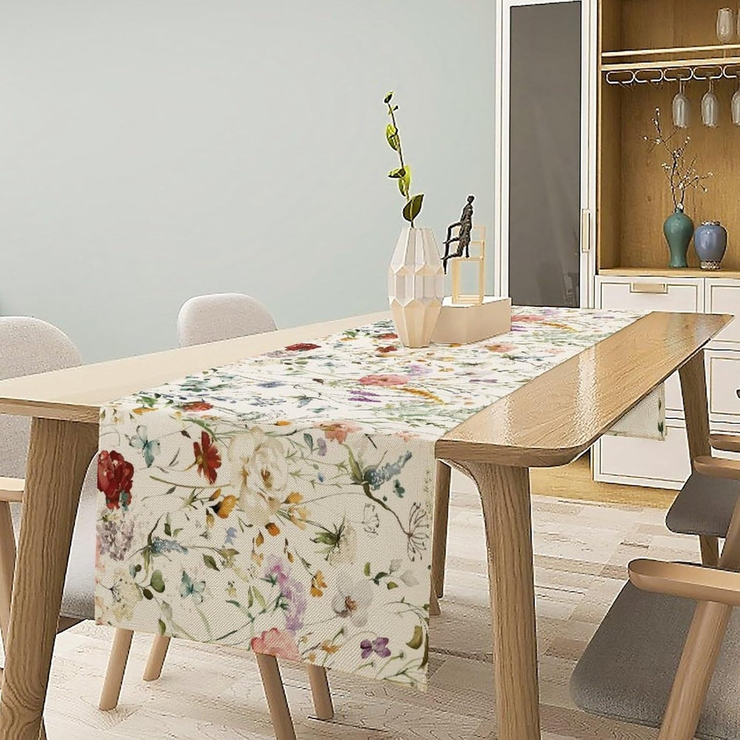 Floral Butterfly Table Runner,Rustic Colorful Flower Botanical Watercolor Pattern Print Burlap for Hotel Indoors Outdoor Dining Room Kitchen Holiday Party, 13x36in