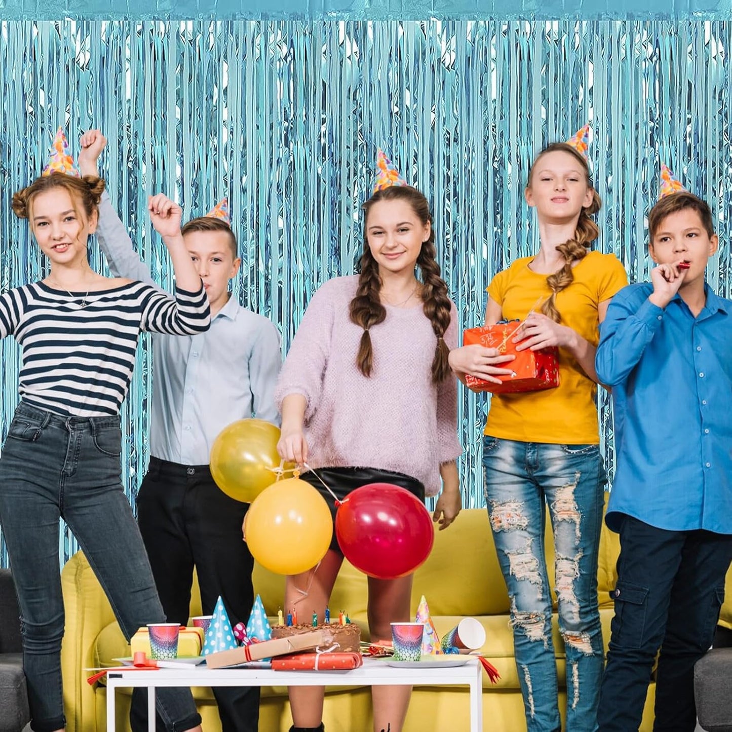 Light Blue Fringe Curtain Party Streamers, 12 Pack 3.3ft x 8.2 ft Foil Curtain Backdrop Tinsel Foil Fringe Curtains Photo Booth Backdrop Streamer for Birthday, Wedding, Baby Shower, Disco Party