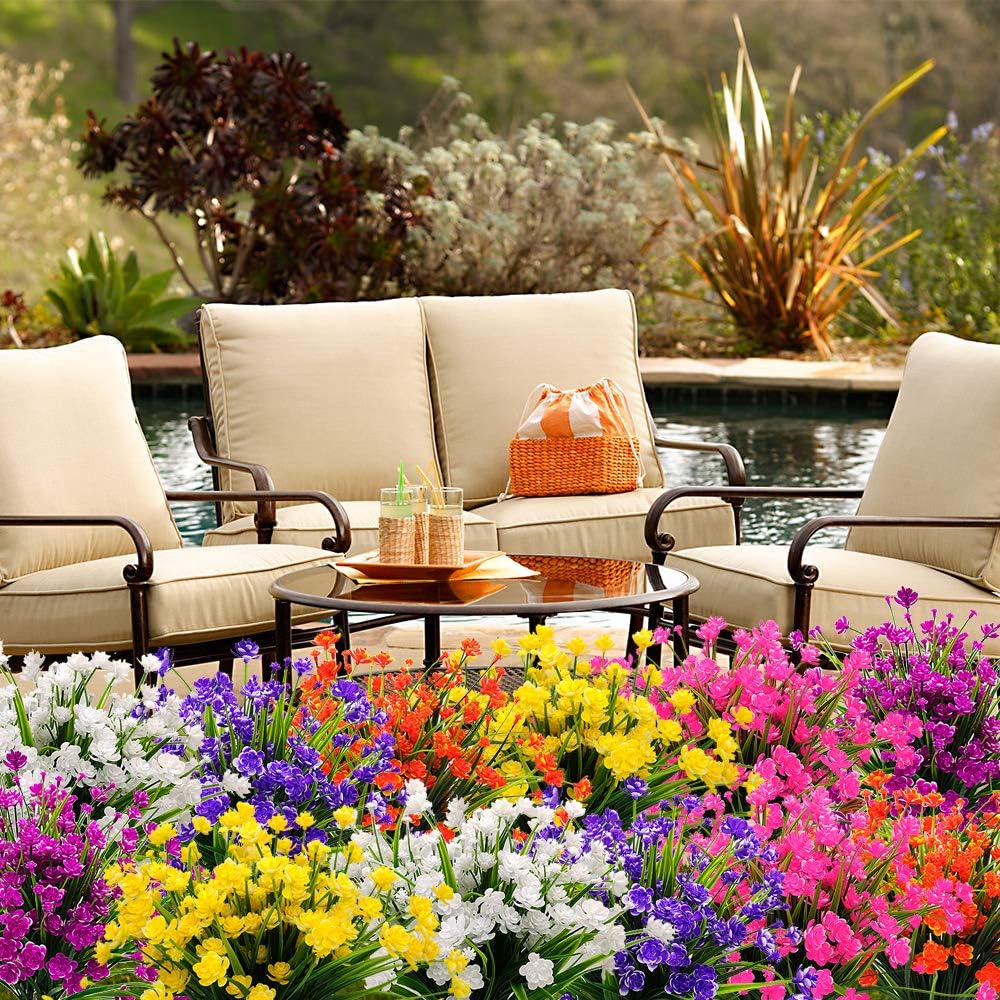 Artificial Flowers Outdoor UV Resistant Fake Plants Indoor Outside Hanging Planter Home Garden Decor, 10 Bundles (Yellow)