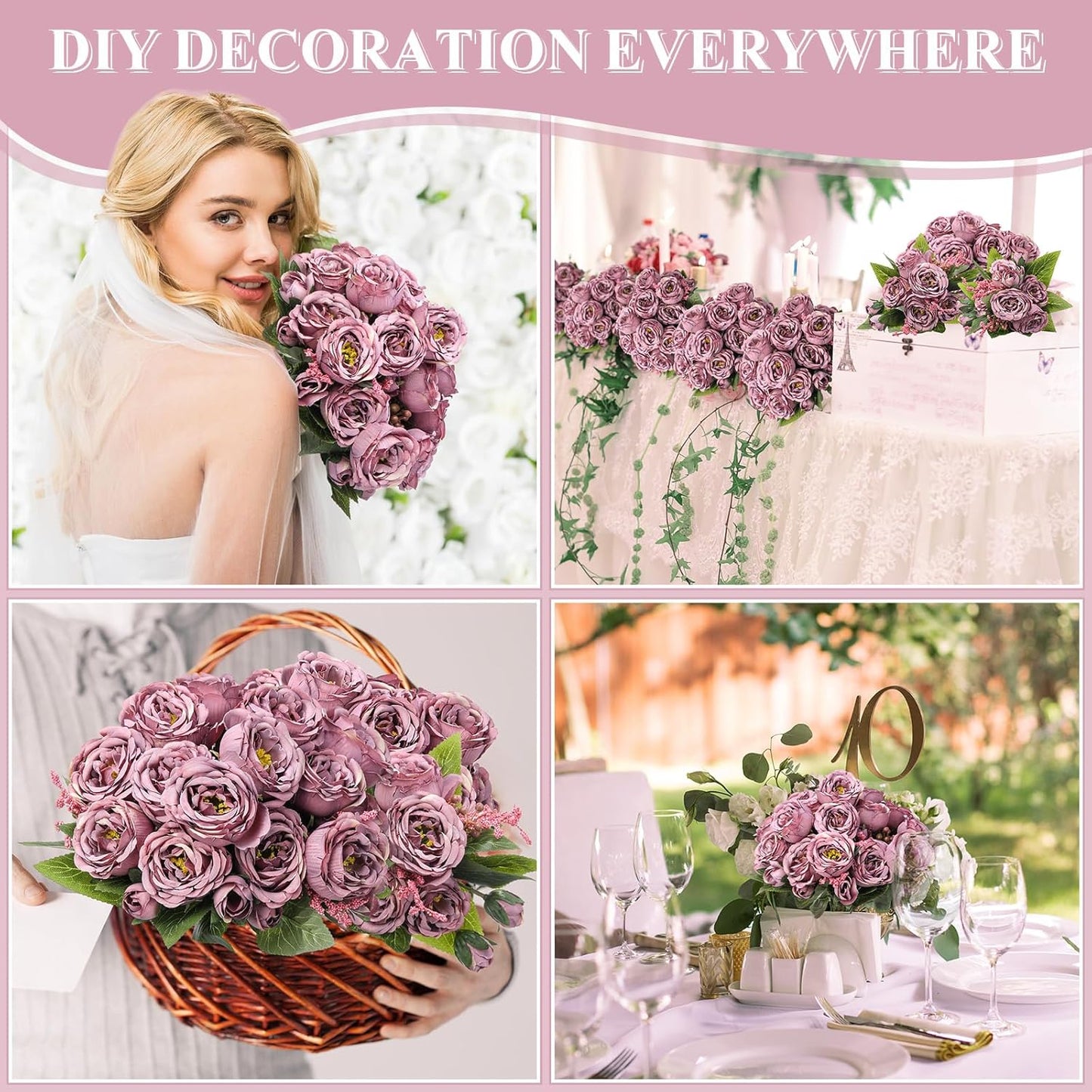 8 Bundles Artificial Peonies Flowers Boho Faux Flowers Arrangements Artificial Centerpiece Spring Bouquet Floral Wedding Decoration for Vase(Dark Purple)