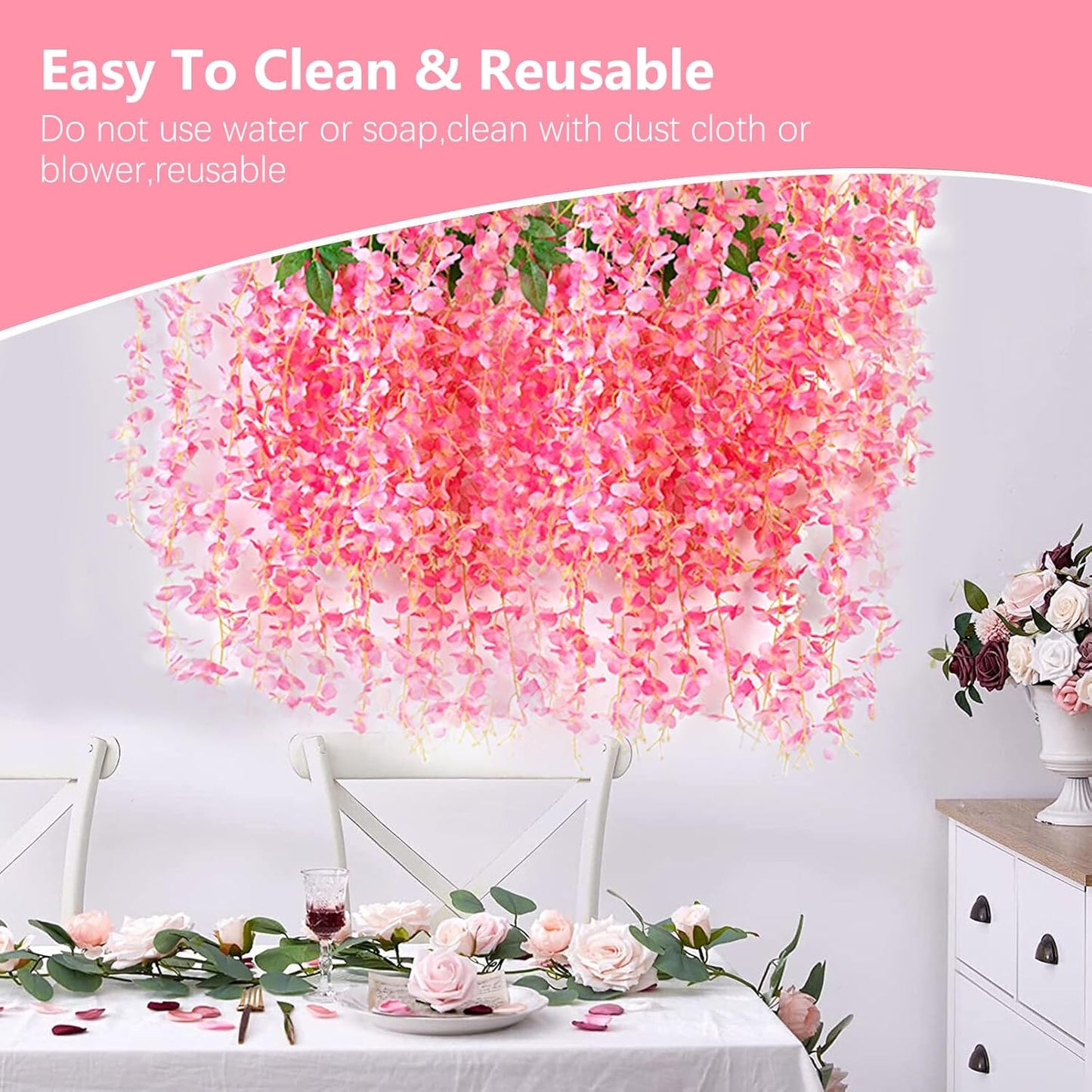 12 Pack Dark Pink Wisteria Hanging Flowers, 3.44 Ft Fake Hanging Flowers, Artificial Wisteria Garland Vines for Wedding Room Backdrop Outdoor Patio Garden Decoration