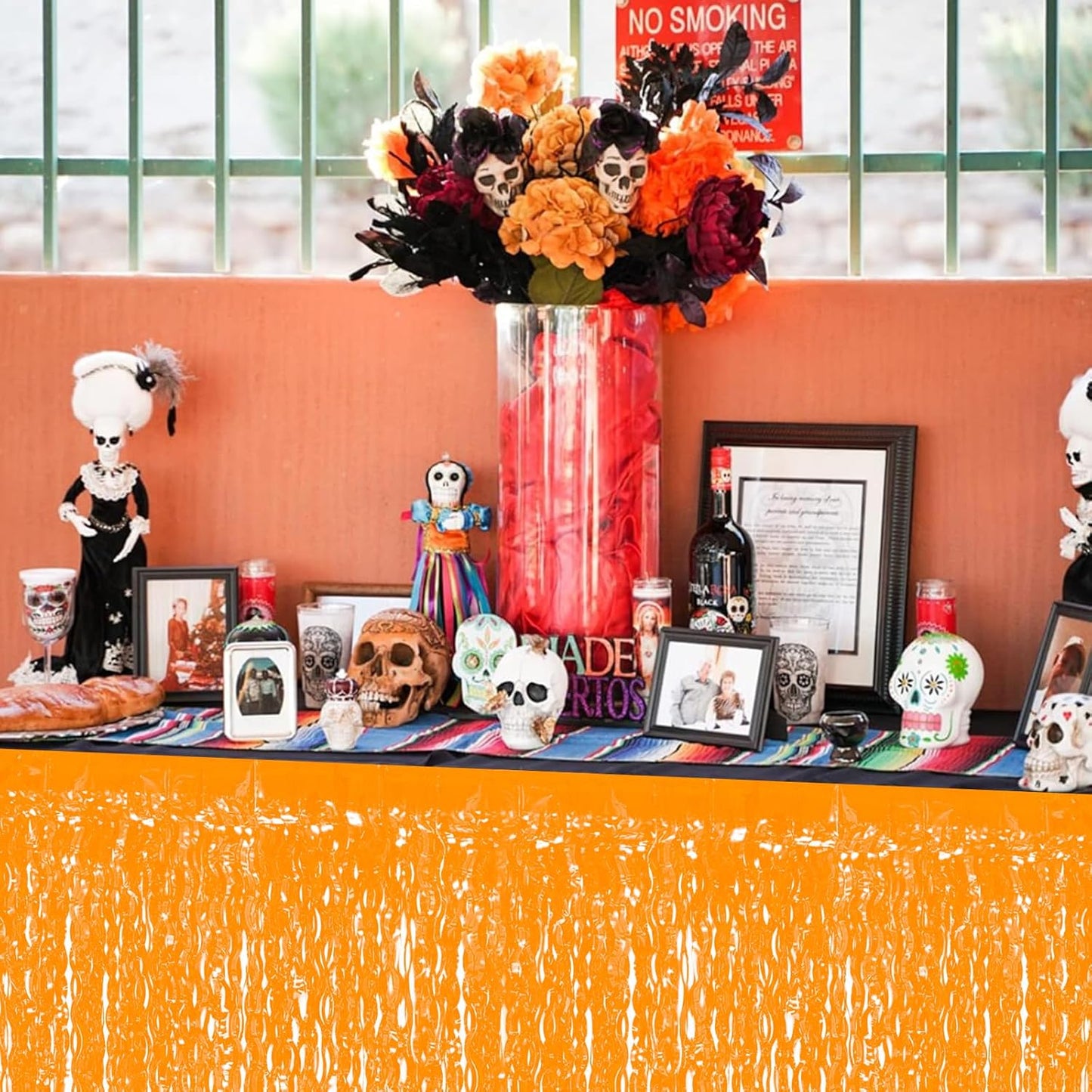 4P Wavy Metallic Tinsel Foil Fringe Table Skirts for Rectangle Tables Backdrop Garland Curtains for Parade Floats Wedding Birthday Parties Decoration Graduation 2025 Christmas (Makaron Orange)