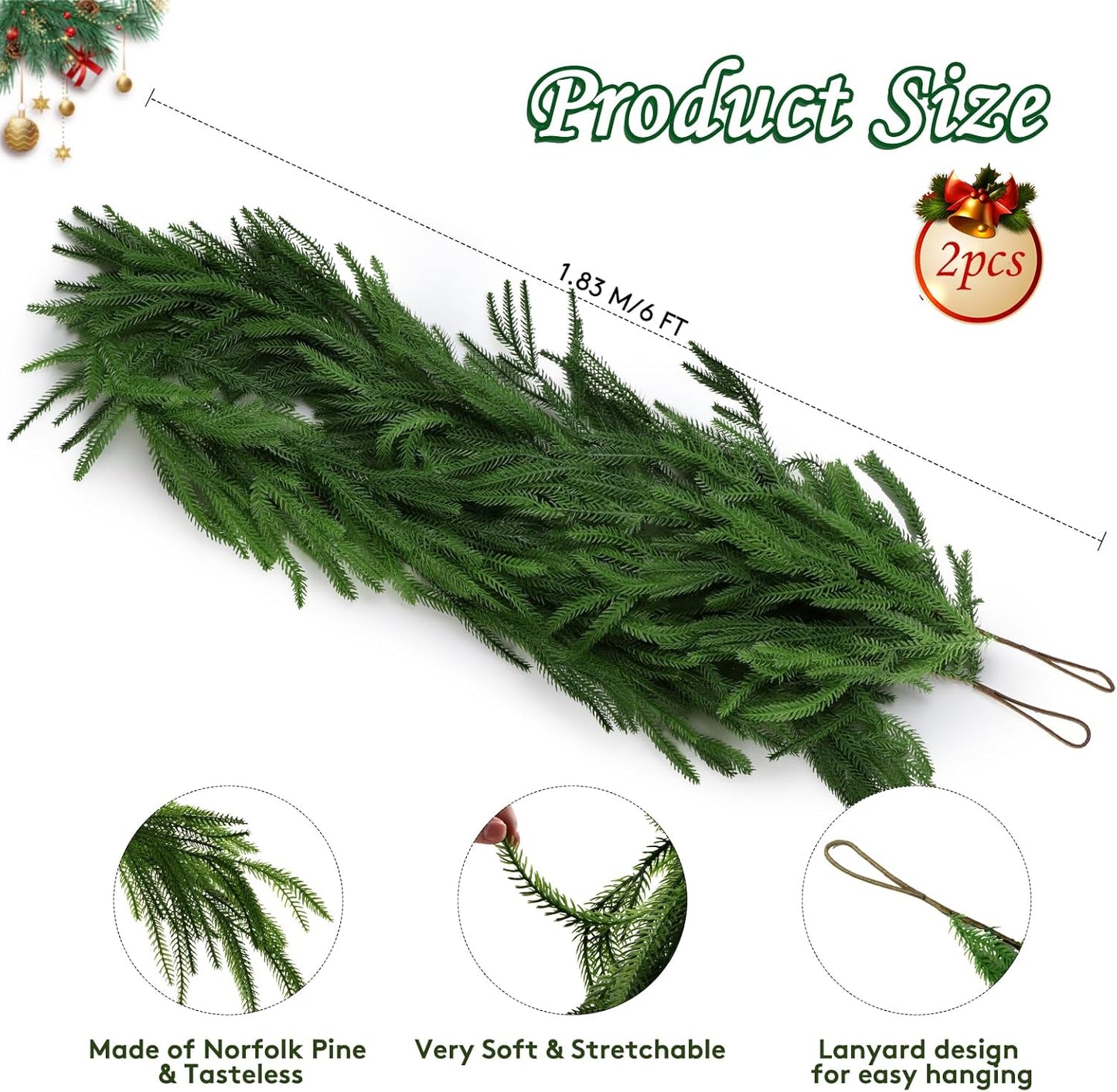 2 Pack Christmas Norfolk Pine Garlands 6FT, Real Touch Artificial Greenery Garland – Full Evergreen Pine Garland for Mantle, Fireplace, Table, Wall, Stairs & Outdoor Holiday Décor
