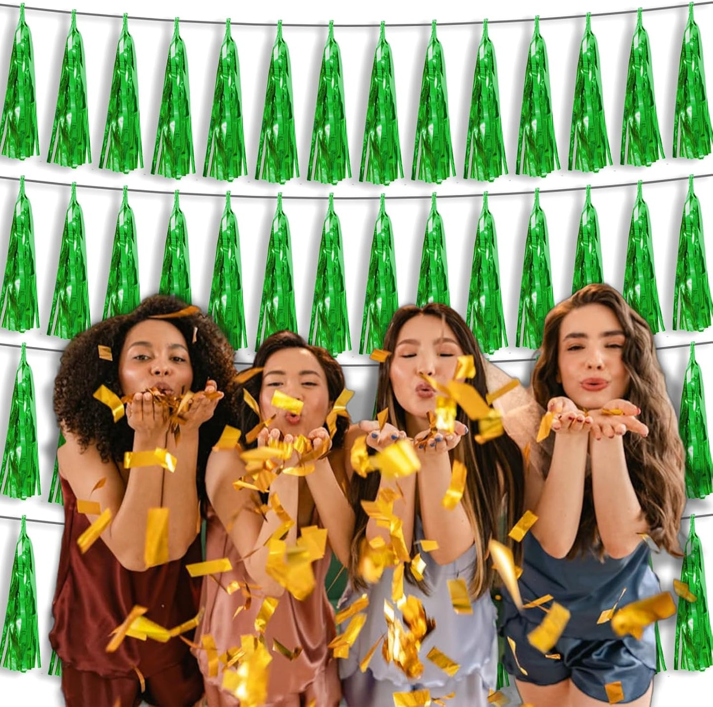 4P Green Foil Fringe Tassel Banner Garland Metallic Tinsel Streamers Wall Hanging Curtain Backdrop Banner for Parade Floats, 2024 Graduation Decorations, Father's Day Party Decoration