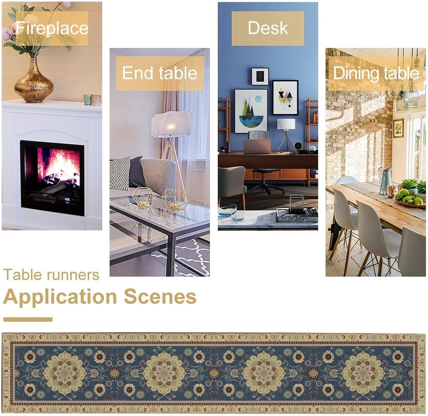 Vintage Boho Floral Table Runner, Elegant Rustic Country Farmhouse Blue Yellow Retro Flower Pattern for Home Kitchen Table Decor Dining Coffee Room Party Decor 13x120in