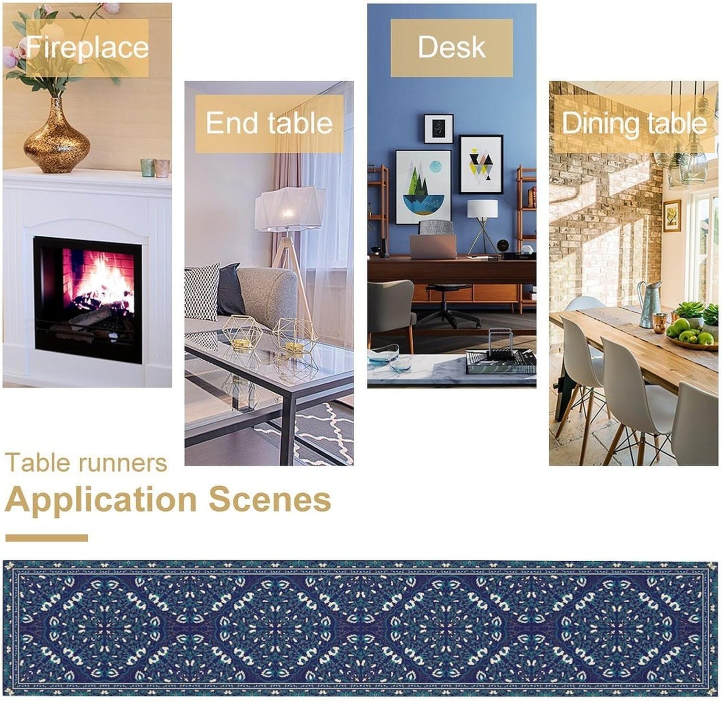 Boho Floral Vintage Table Runner, Retro Morris Abstract Blue Flower Rustic Country Farmhouse Pattern for Home Kitchen Table Decor Dining Coffee Room Wedding Party Decor 13x120in