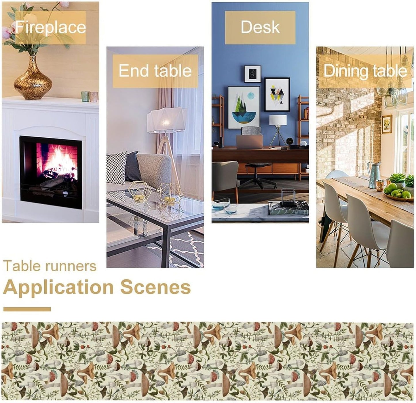 Mushroom Table Runner,Vintage Forest Flower Plant Print Table Runner for Kitchen Dining Table Home Party Decoration 13x72 Inch