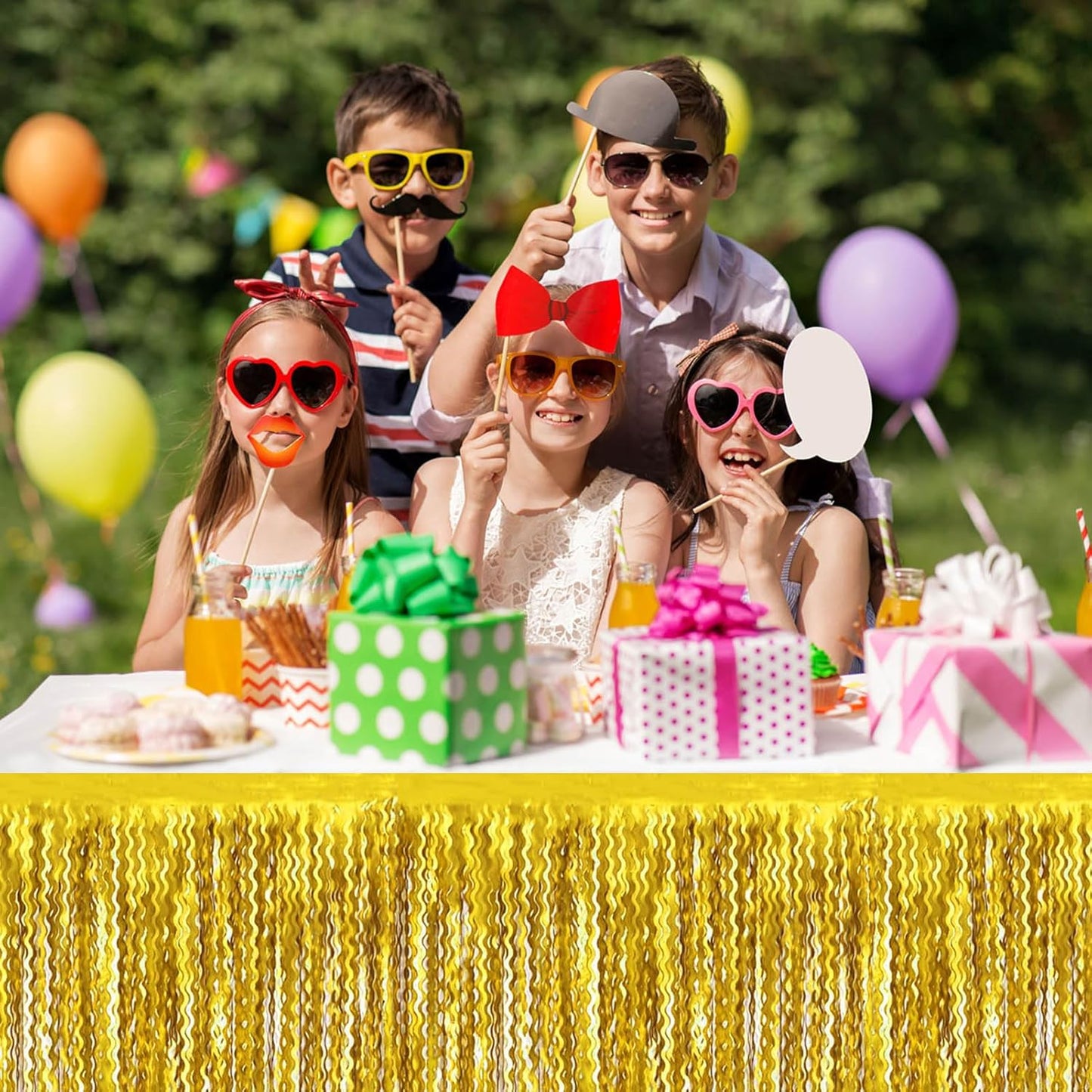 6 Pack 29 x108 Inch Gold Wave Foil Fringe Table Skirts Metallic Banner for Tinsel Streamer Garland Backdrop for Parade Floats, Mother's Day, Easter, Wedding, Birthday Party Decoration