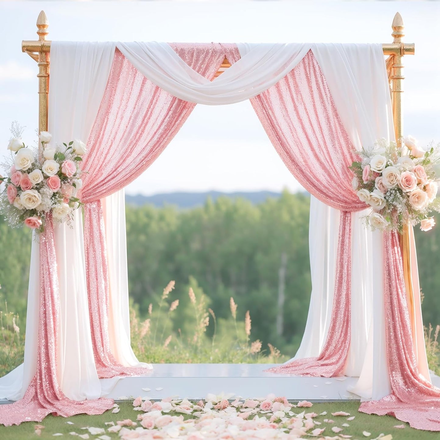 Wedding Arch Draping Fabric, 1 Panel 28" x19ft White Arch Drapes & 1 Panel 16" x19ft Rose Gold Sequin Fabric Drapes Arbor Backdrop Curtain for Wedding Arch Ceremony Bridal Shower Reception