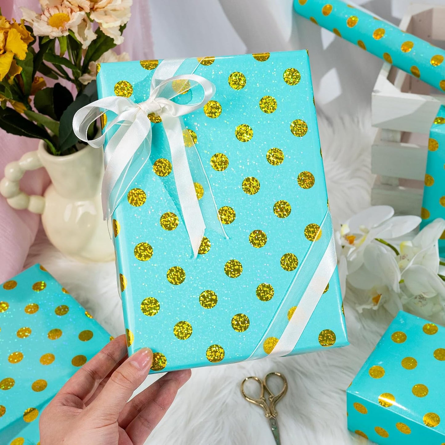 Burymento Blue Holographic Dots Wrapping Paper, Reversible Gold Gift Wrap for Birthday, Valentines, Mothers day, Graduation, Wedding, Fathers day, Baby Shower, Christmas (17in x 16.4ft)