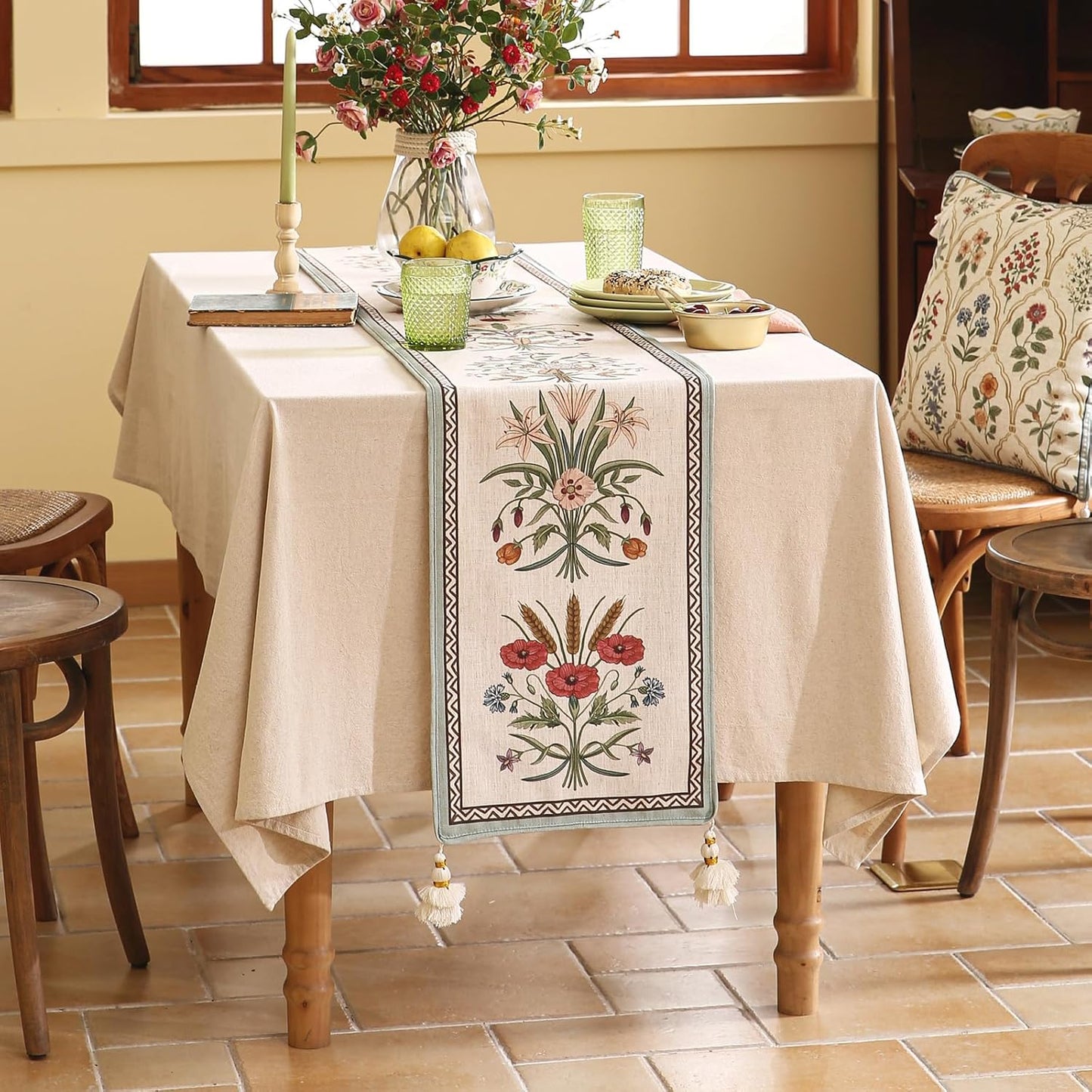 ISAENNE Designer French Country Linen Table Runner 118 Inches Extra Long,Elegant Colorful Floral Pattern Table Runners for Dining Tables,Thanksgiving,Christmas,Kitchen Decor,12"*118"-Serenity F