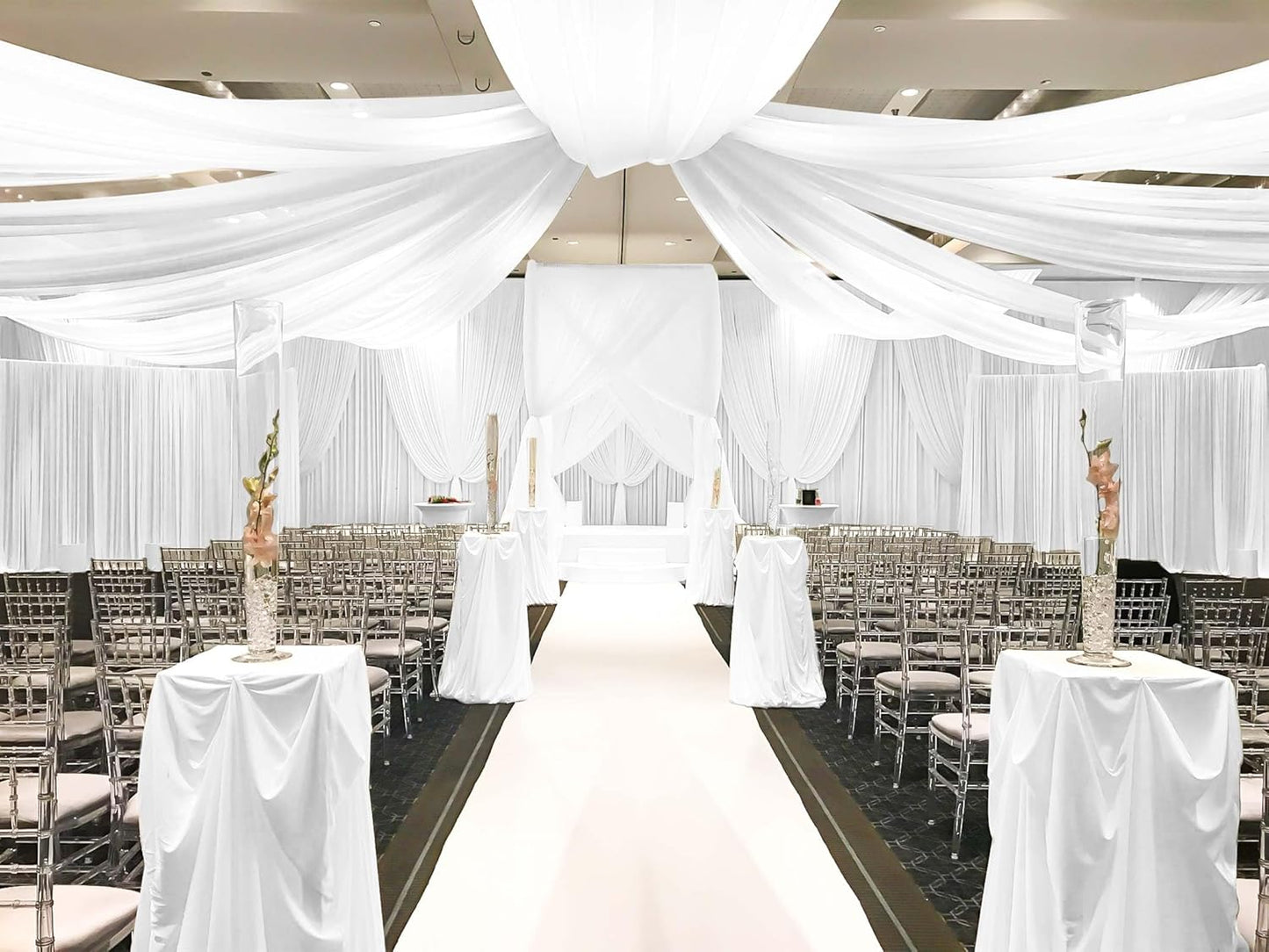 6 Panel White Wedding Drapes, 5ftx15ft Sheer Fabric Curtains for Arch Decorations