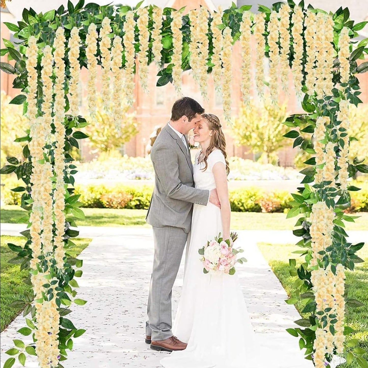 12 Pack Champagne Wisteria Hanging Flowers Garland, 3.77 Feet Artificial Flower Vines, Fake Wisteria, Artificial Vines Hanging Garland for Backdrop Outdoor Yard Garden Decor