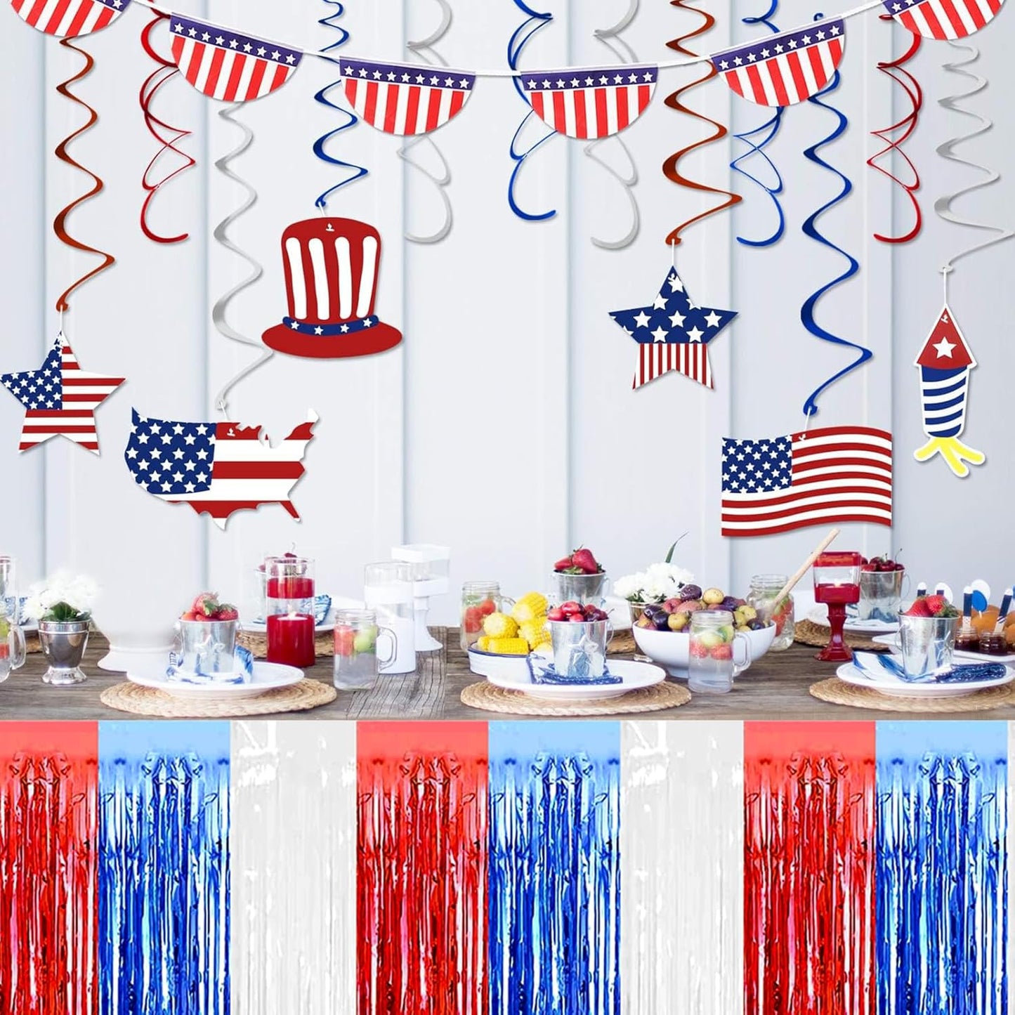 3 Pack 29x108 Inch White Blue Red Foil Fringe Table Skirts Metallic Banner for Tinsel Streamer Garland Backdrop for Parade Floats Wedding Thanksgiving Birthday Christmas Halloween Party Decoration