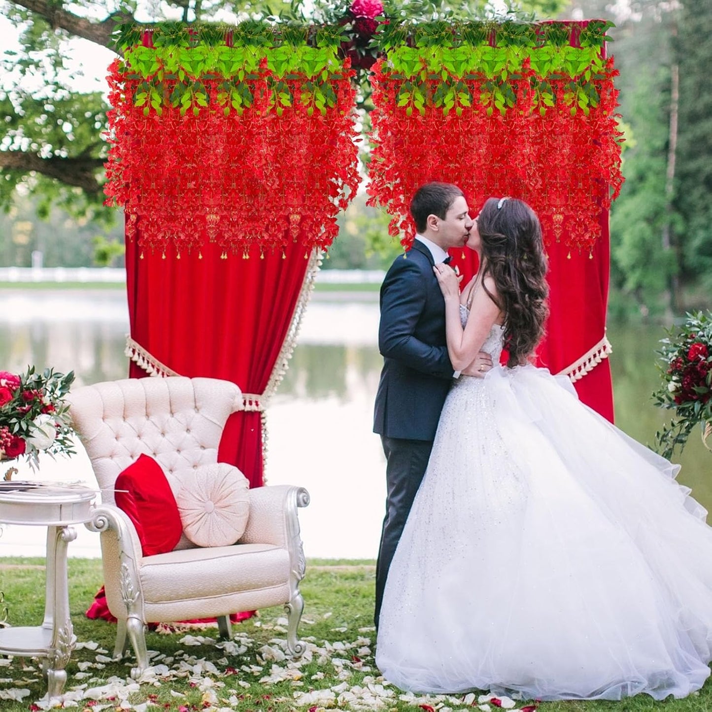 12 Pack Red Wisteria Hanging Flowers Garland with Lights, 3.44 Feet Artificial Flower Vines, Fake Wisteria, Artificial Vines Hanging Garland for Backdrop Outdoor Patio Garden Decor