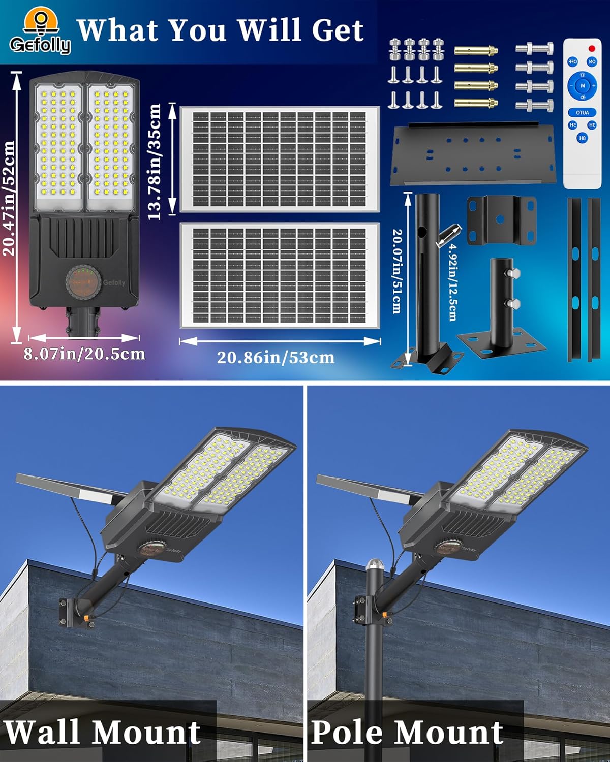 Gefolly SL-11000W Solar Street Light Outdoor 700000LM Commercial Parking Lot Lights Dusk to Dawn 6500K Flood Security Light IP67 Lamp with Motion Sensor for Basketball Court, Yard, Road