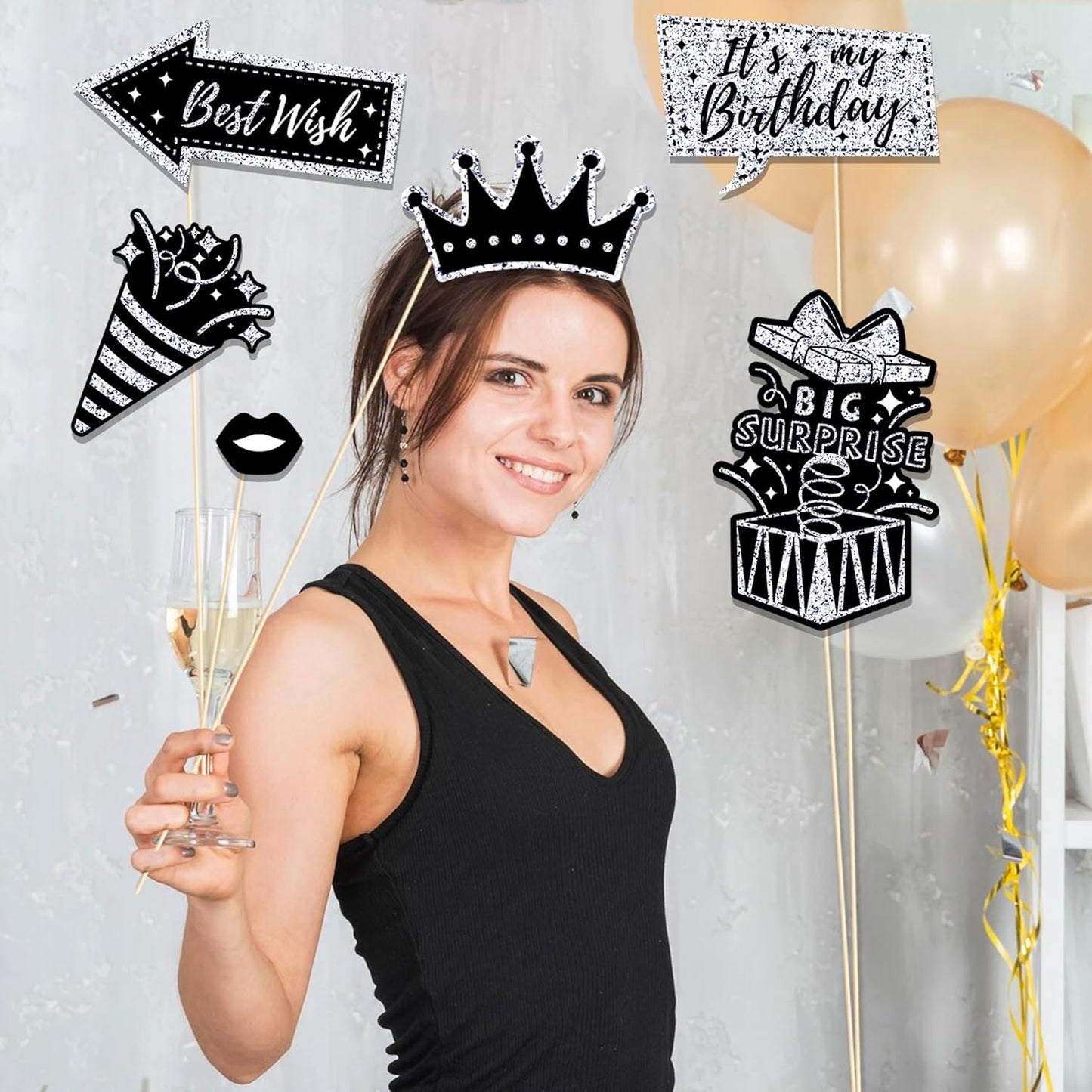 36 PCS Birthday Photo Booth Props Party Supplies Holiday Picture Decorations Photo Booth Props for Birthday Party Favors Pose Sign Kit Fun for Party (Silver and Black)