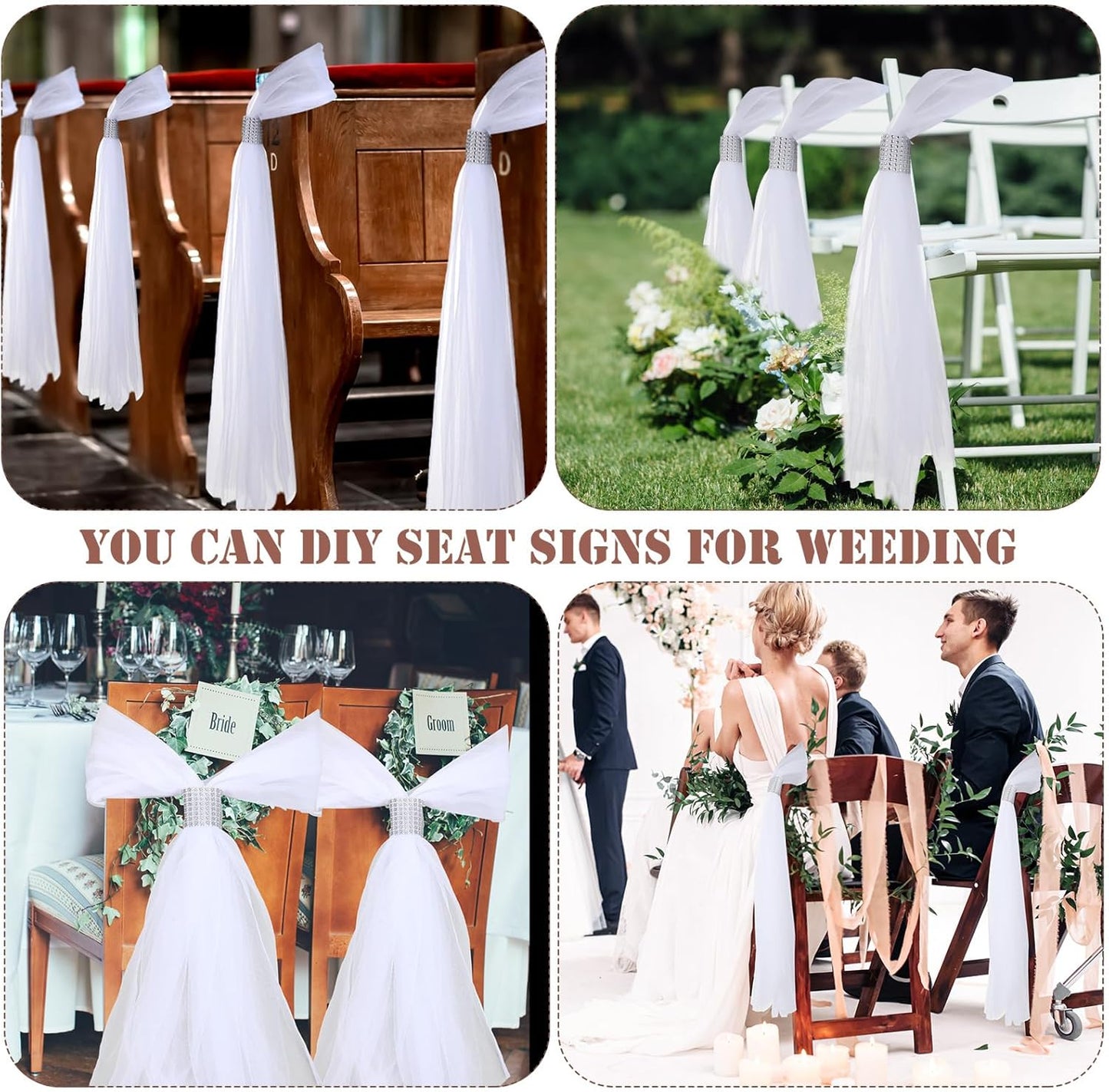 36 Set Wedding Aisle Chair Decorations 31.5 Inch Pew Bows with Long Tulle Tails and Rhinestone wrap for Wedding Ceremony Church Bridal Shower Banquet Decor (Silver)