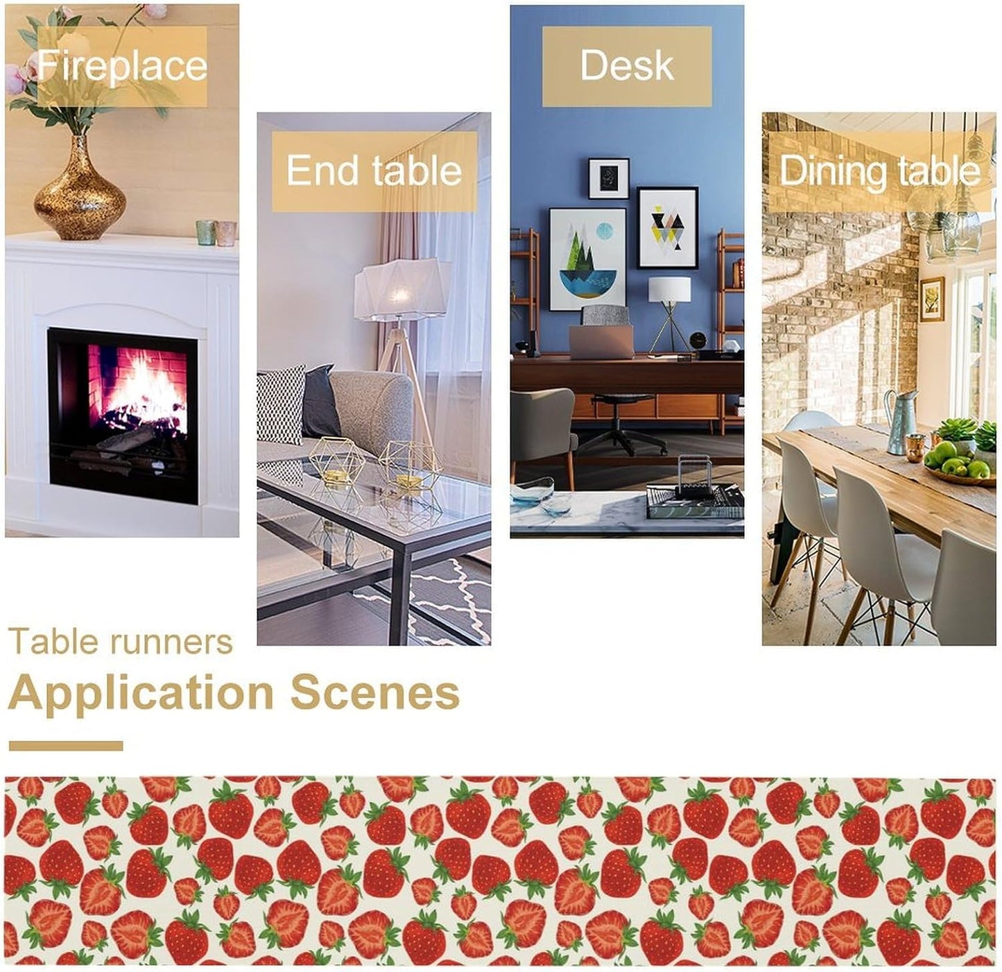 Strawberry Table Runner,Spring Summer Fruit Print Table Runner for Kitchen Dining Table Home Party Decoration 13x60 Inch