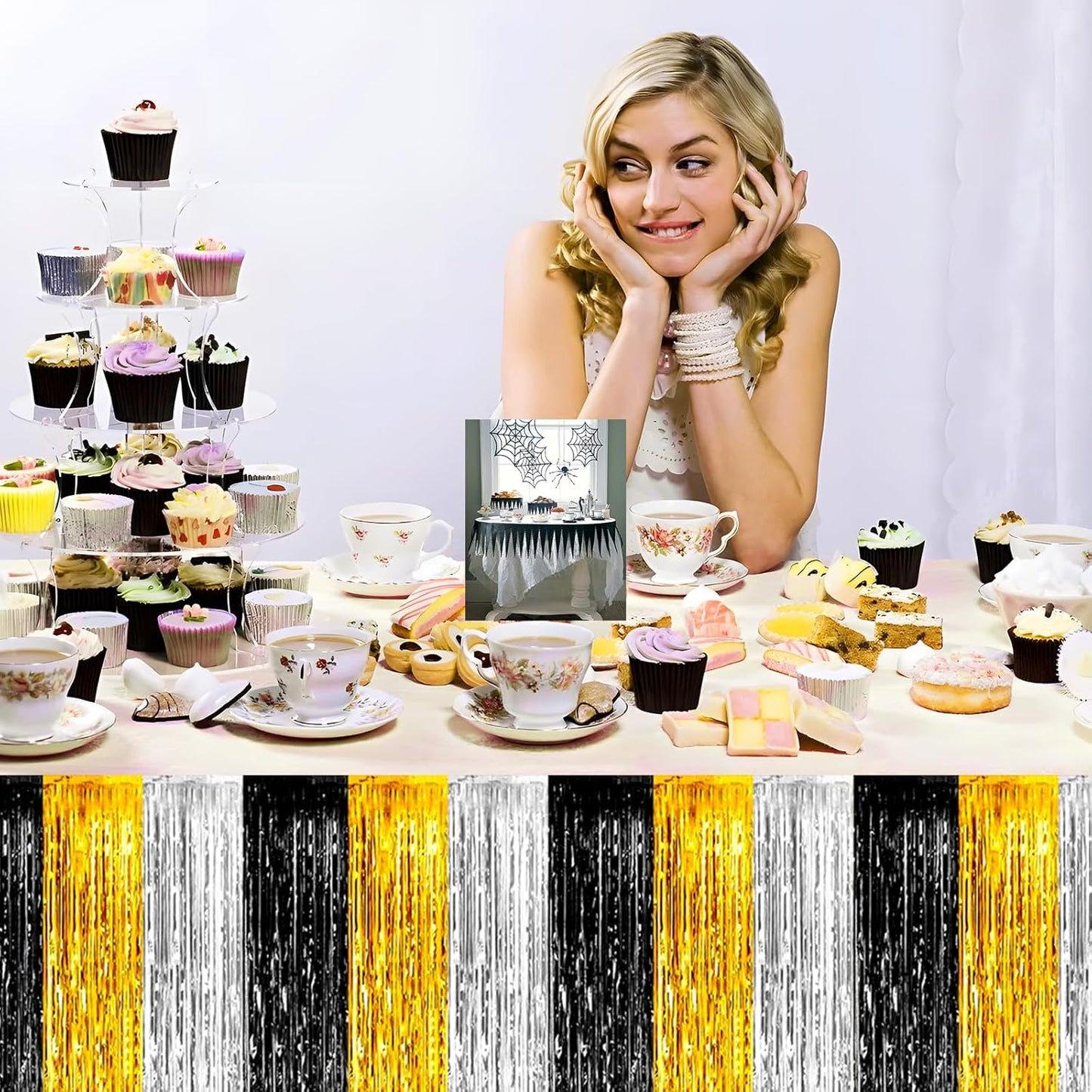 3 Pack 29 x108 Inch Black Gold Silver Foil Fringe Table Skirts Metallic Banner for Tinsel Streamer Garland Backdrop for Parade Floats Wedding Thanksgiving Birthday Christmas Halloween Party Decoration