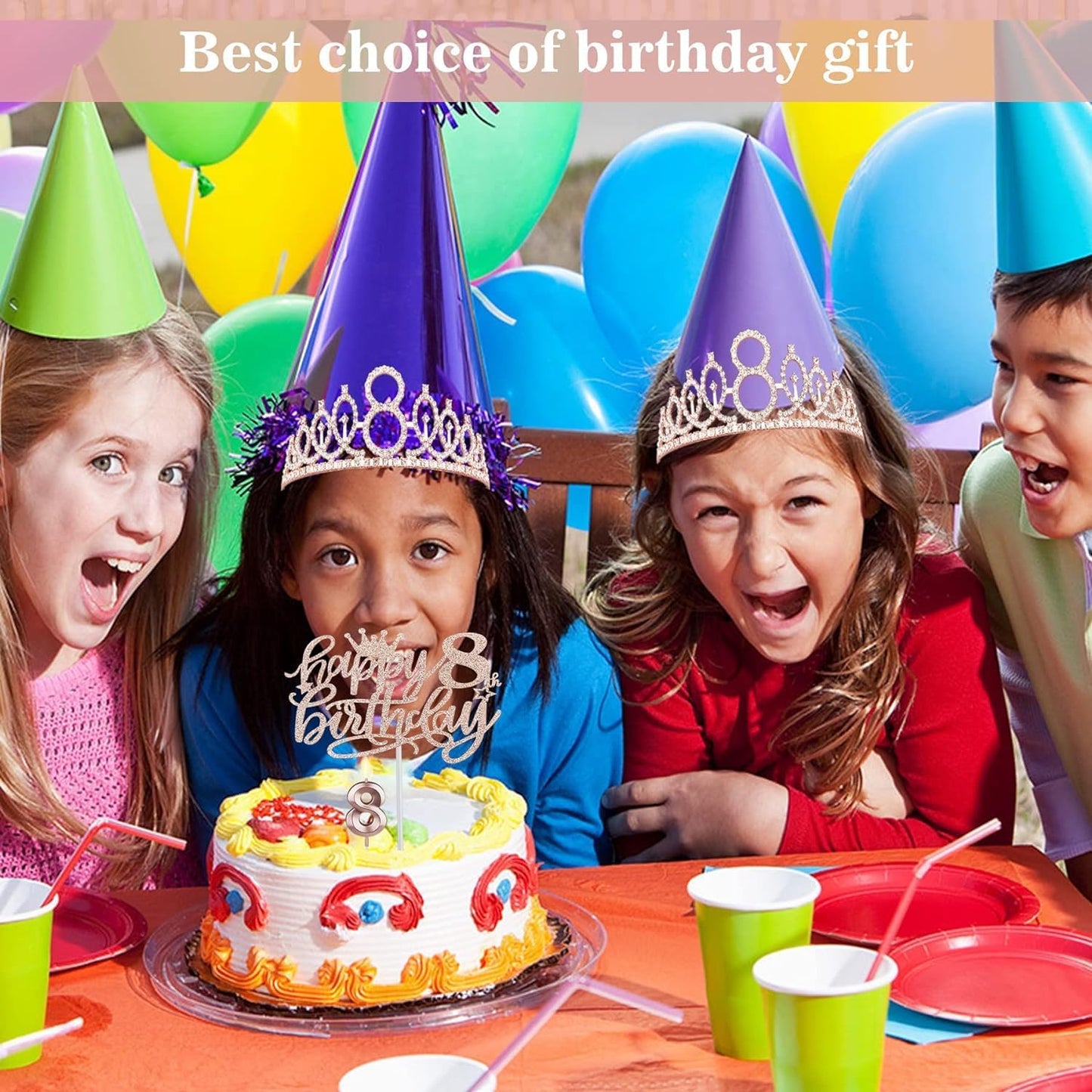 8th Birthday Decorations for Girl Including Sash, Crown, Numeral Candle and Cake Topper, 8 Year Old Girls Party Favor Supplies