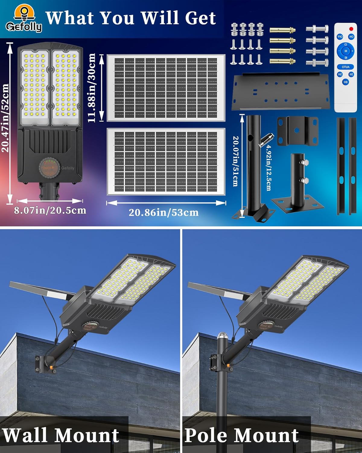 Gefolly SL-9500W Solar Street Light Outdoor 600000LM Commercial Parking Lot Lights Dusk to Dawn 6500K Flood Security Light IP67 Lamp with Motion Sensor for Basketball Court, Yard, Road