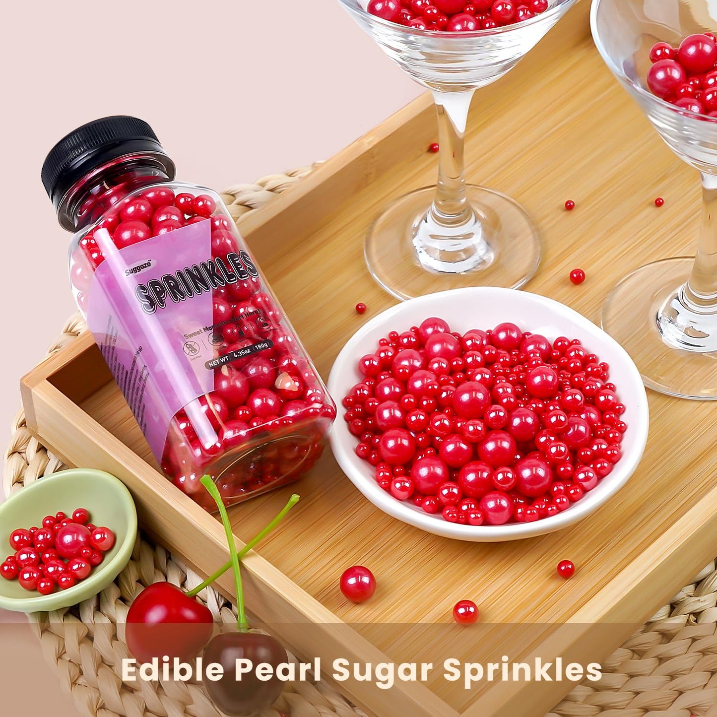 Edible Red Pearl Sprinkles, Red Pearls for Cake Decorating, Mix Size, Baking Edible Cake Decorations & Cupcake Toppers, Cookie Decoration, Wedding Party Chirstmas Supplies, 180g/6.35oz