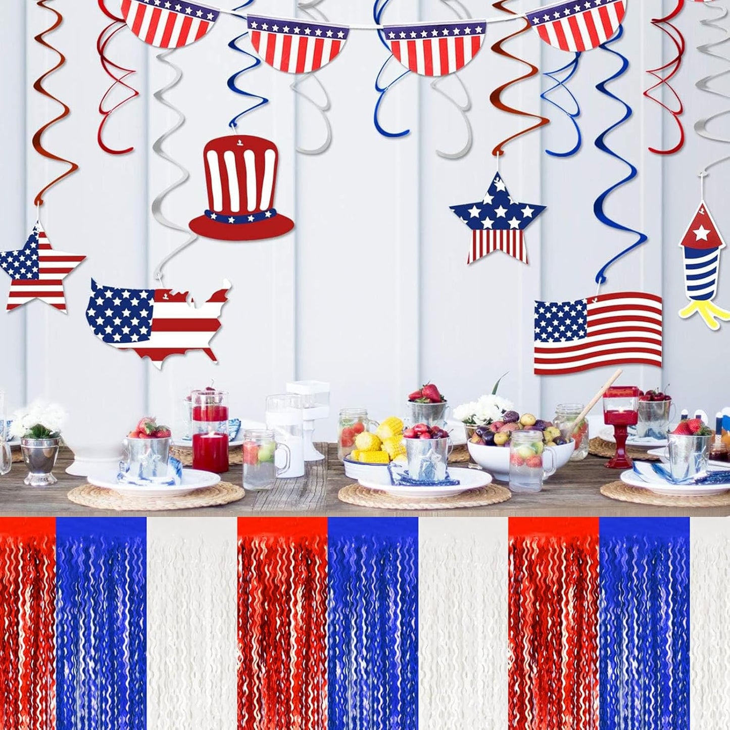 6 Pack 29 x108 Inch White Blue Red Wave Foil Fringe Table Skirts Metallic Banner for Tinsel Streamer Garland Backdrop for Parade Floats, Mother's Day, Easter, Wedding, Birthday Party Decoration