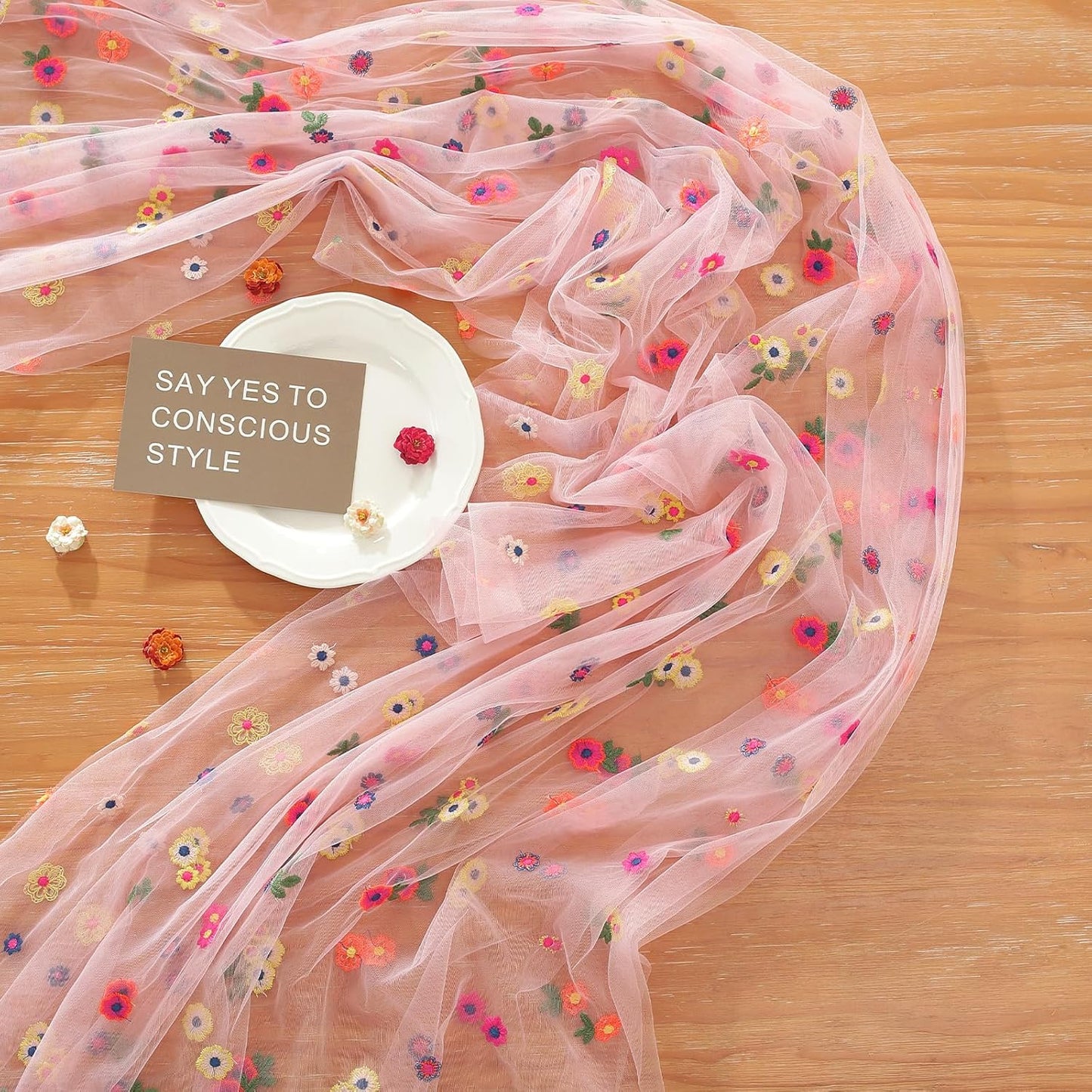 Pink Flower Tulle Table Runner 29x120 Inch Embroidery Florals Soft Sheer Tulle Fabric for Wildflower Party and Baby in Bloom Baby Shower Decorations