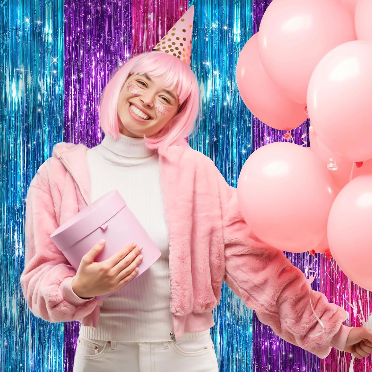 Rainbow Fringe Curtain Party Streamers 2Pack 3.3x8.3 Ft Foil Fringe Backdrop Curtains for Birthday Wedding Bridal Baby Shower Holiday Tinsel Streamers Rainbow Party Decorations Door Streamer