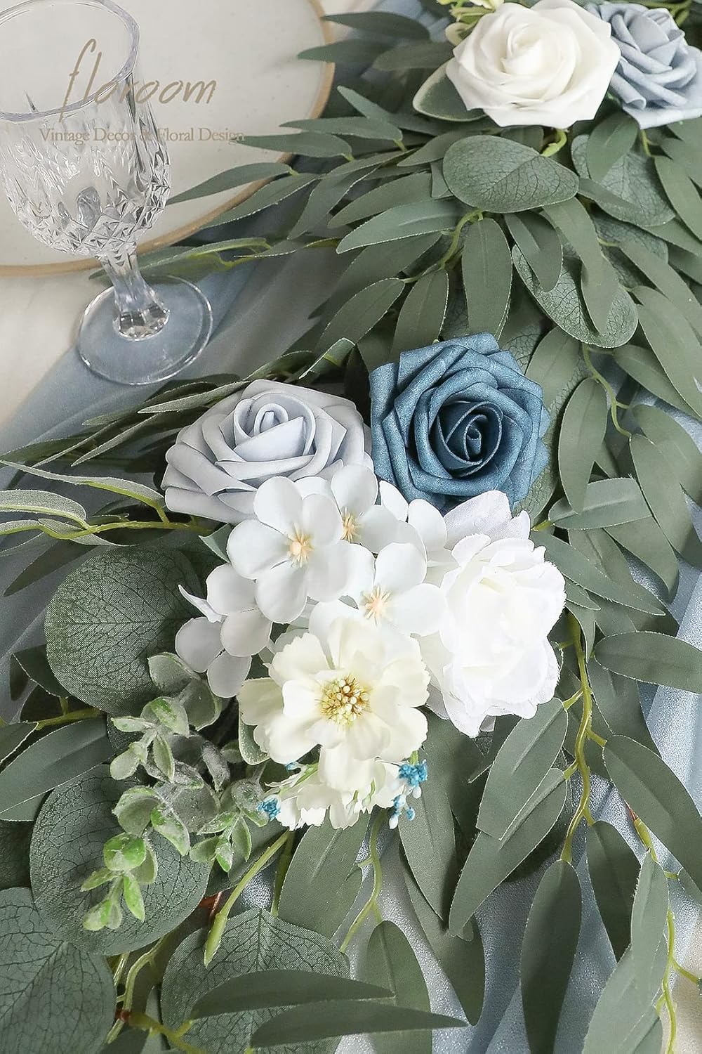 Floroom 6ft Artificial Eucalyptus Garland with Flowers Fake Greenery Faux Floral Vine Garland for Table Decor Wedding Centerpieces Bridal Shower Party Decorations, Dusty Blue