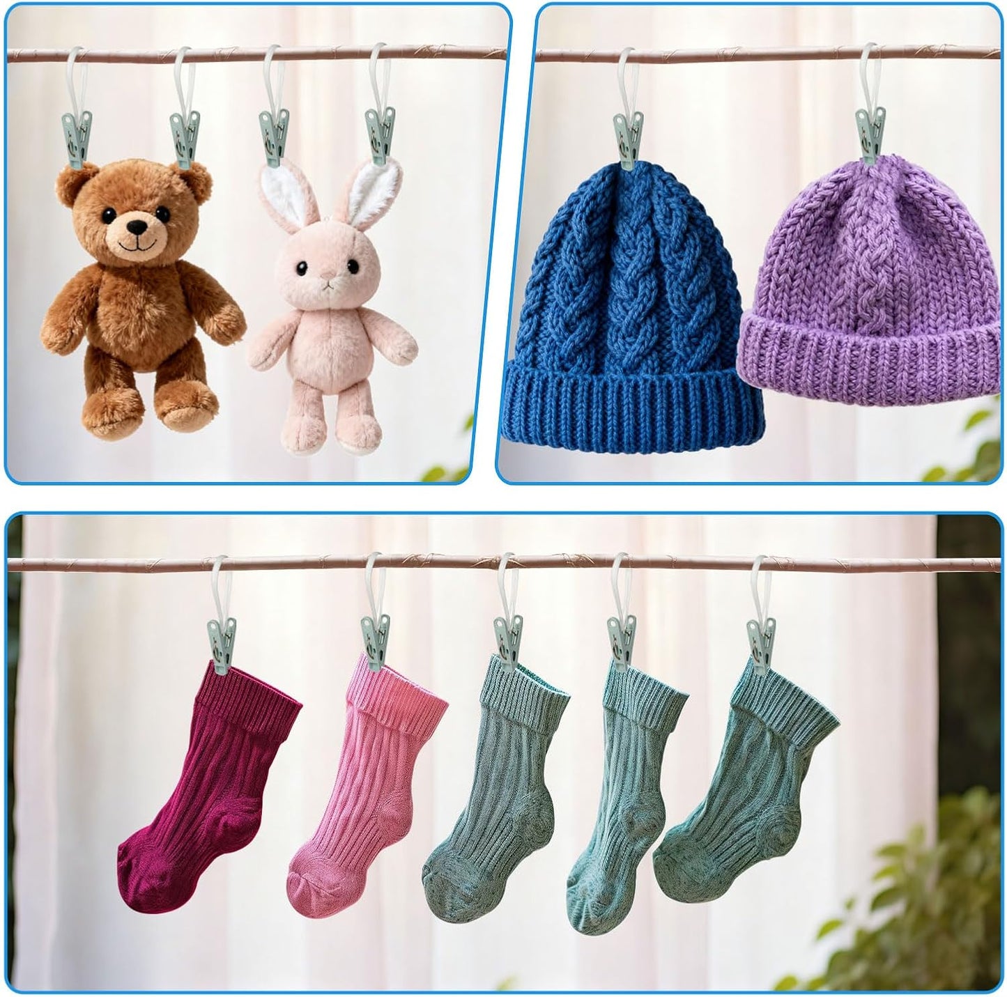 60 Pack Clothes Pins with Plastic Rope,Multi-Purpose Clips for Hanging,Windproof Plastic Clothespins for Hanging Baby Clothes,Socks,Hats, Pants,Bras,Underwears,Towels,Photos,Blue,Green, Yellow,Orange