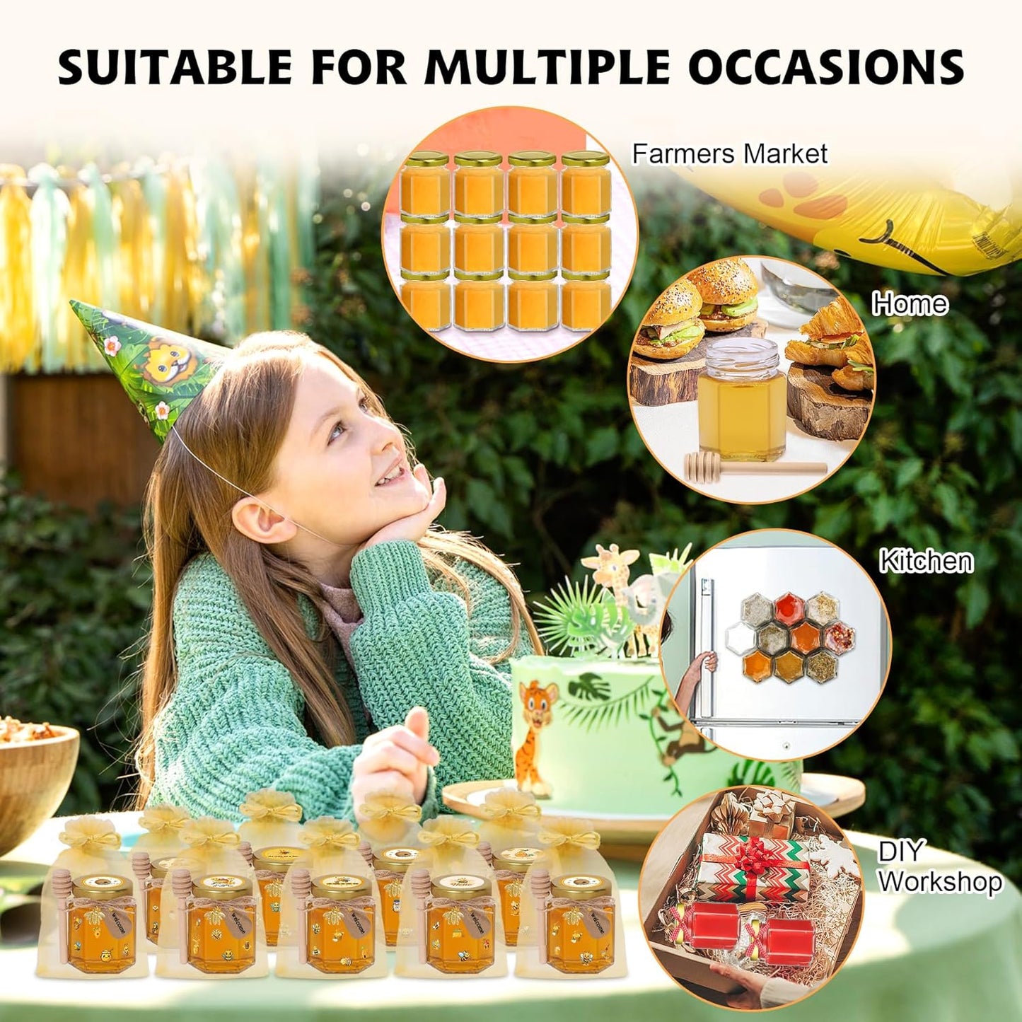 70 Pack 3 oz Mini Hexagon Glass Honey Jars with Dippers, Gold Lids, Bee Stickers, Bee Charms, Gift Bags & Jute– Empty Small Honey Jars for Party Favors Bulk, Ideal for Baby Showers & Weddings