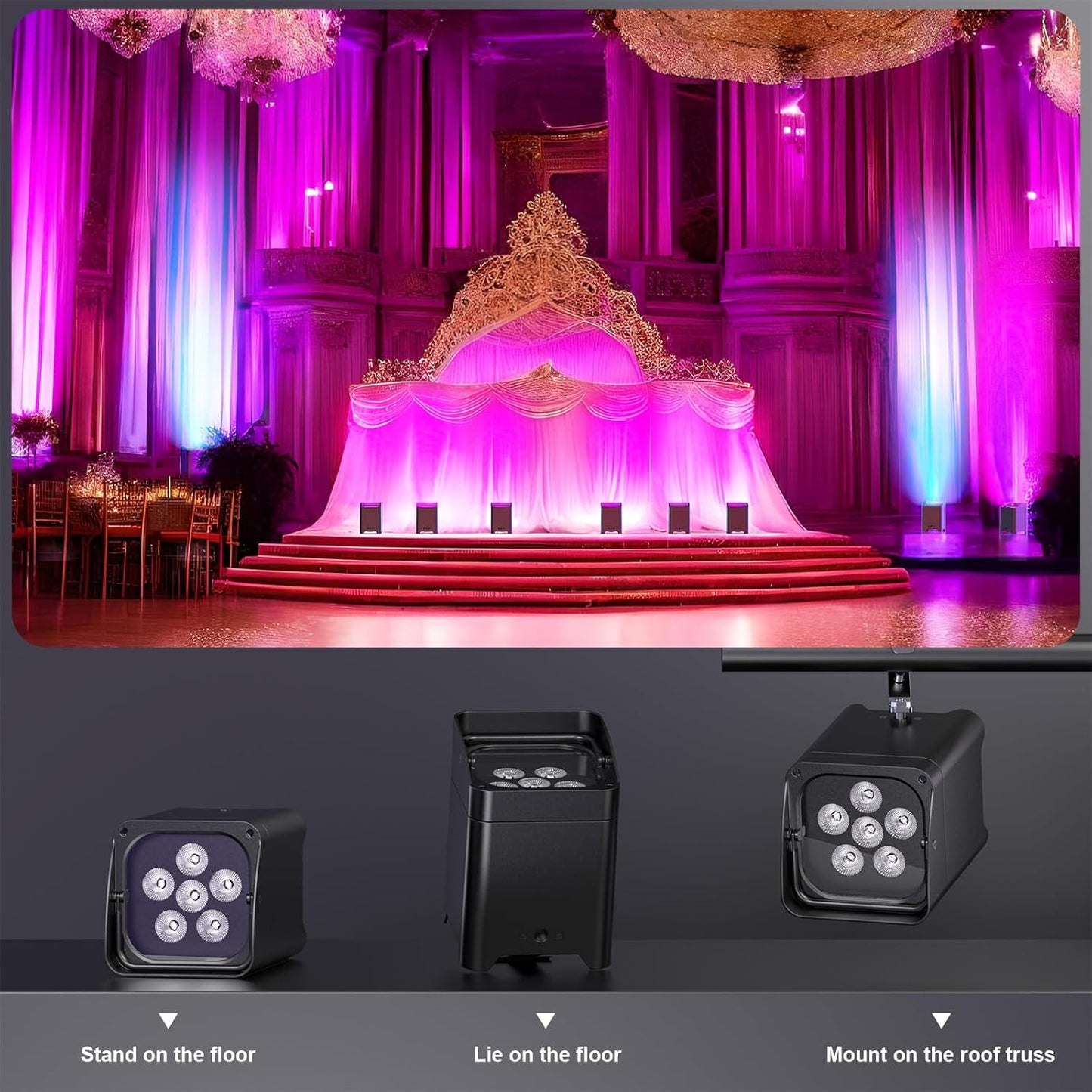 9600mAh Wireless Uplights, 6x18W RGBWA UV Rechargeable Stage Lights, APP/DMX512/Remote Controlled Par Lights, Battery Powered Uplights for Show, Party, Festival, Event, 4 Pack